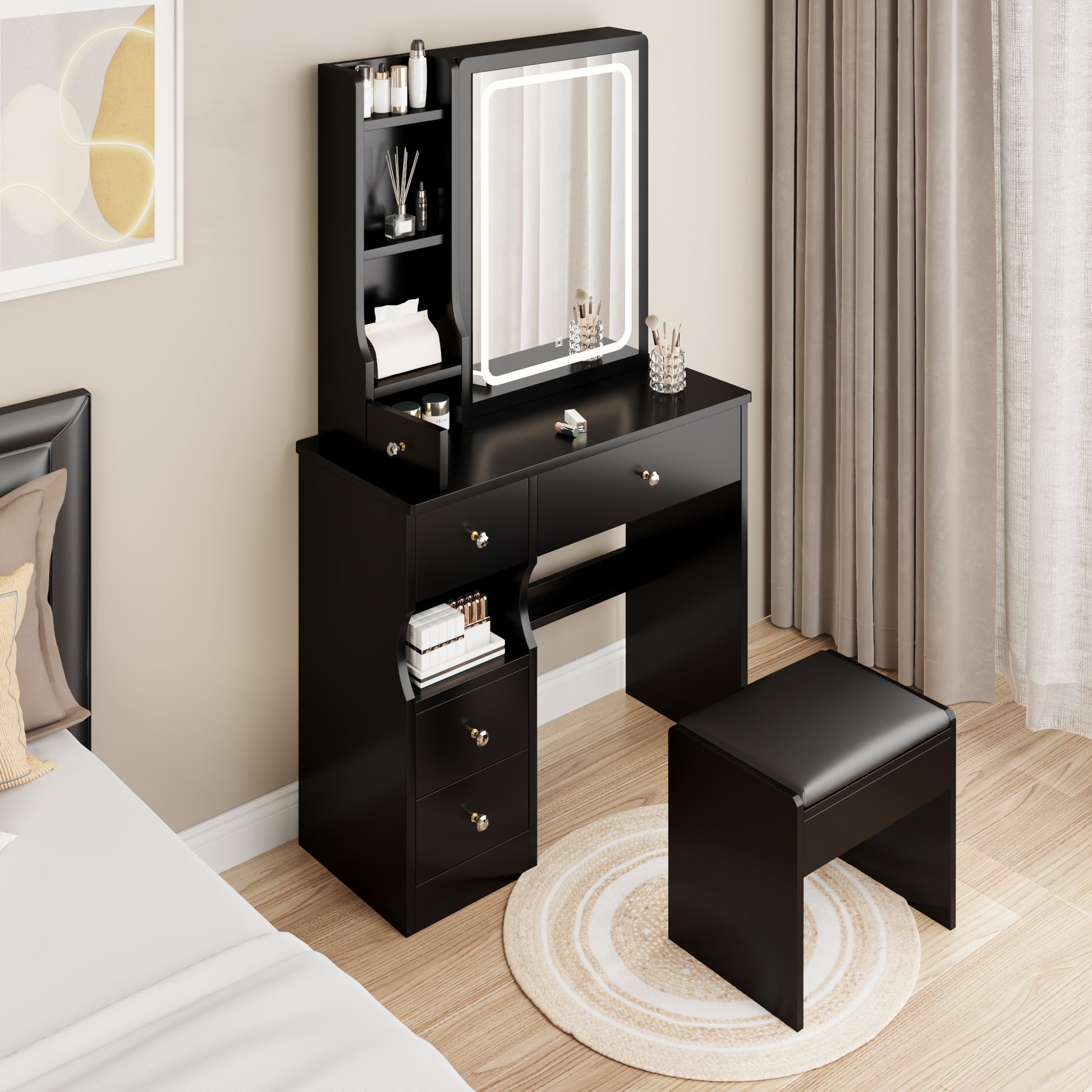 Small Space Left Drawer Desktop Vanity Table Cushioned Stool, Extra Large Touch Control Sliding Led Mirror, Tri Color Switching, Brightness Adjustable, Suitable For Girls No More Than 5.6Ft Tall Black Mdf