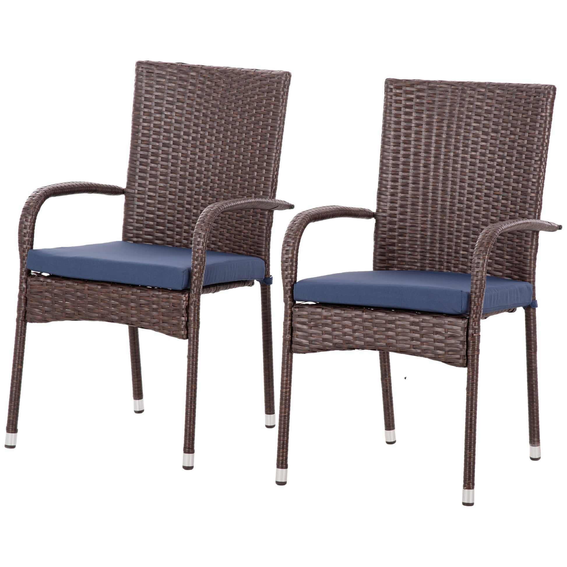 Outsunny Stackable Pe Rattan Outdoor Dining Chairs With Cushions, Set Of 2 Patio Wicker Dining Chairs With Armrests And Backrest For Patio, Deck, Cream White Blue Steel