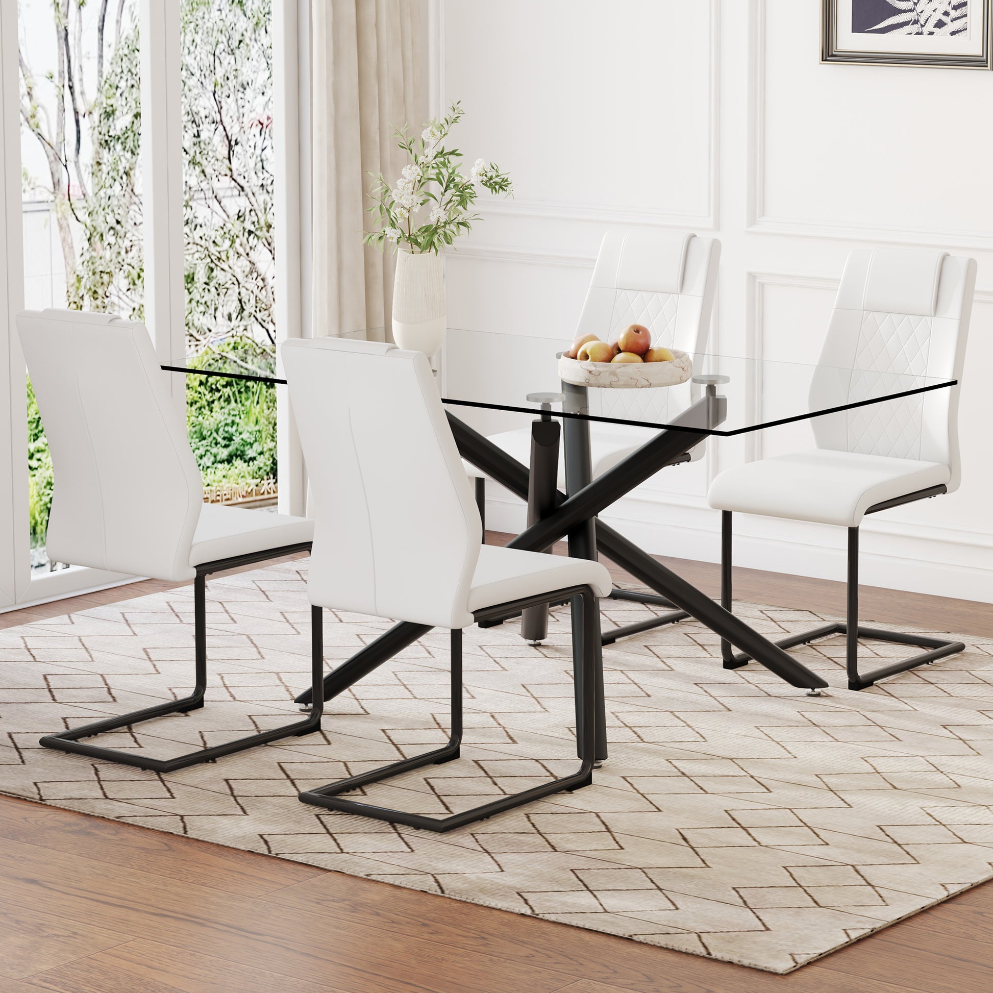 Table And Chair Set.Modern Rectangular Glass Dining Table With 0.39" Tempered Glass Tabletop And Black Metal Legs.Paired With Multiple Chairs Designed With Pu Cushions And Black Metal Legs. White Black Seats 4 Tempered Glass