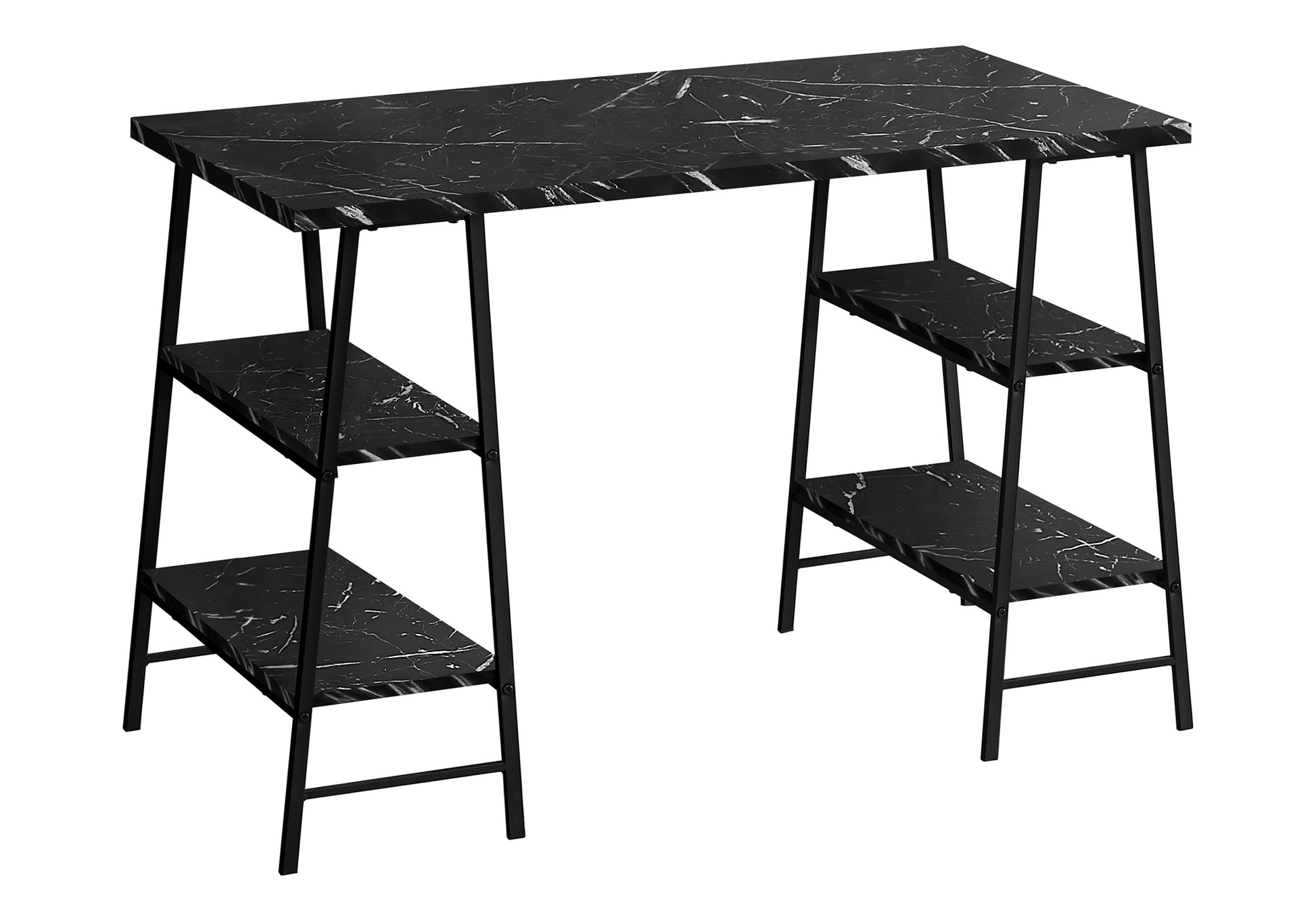 Computer Desk, Home Office, Laptop, Storage Shelves, 48"L, Work, Black Marble Look Laminate, Black Metal, Contemporary, Modern Black Metal