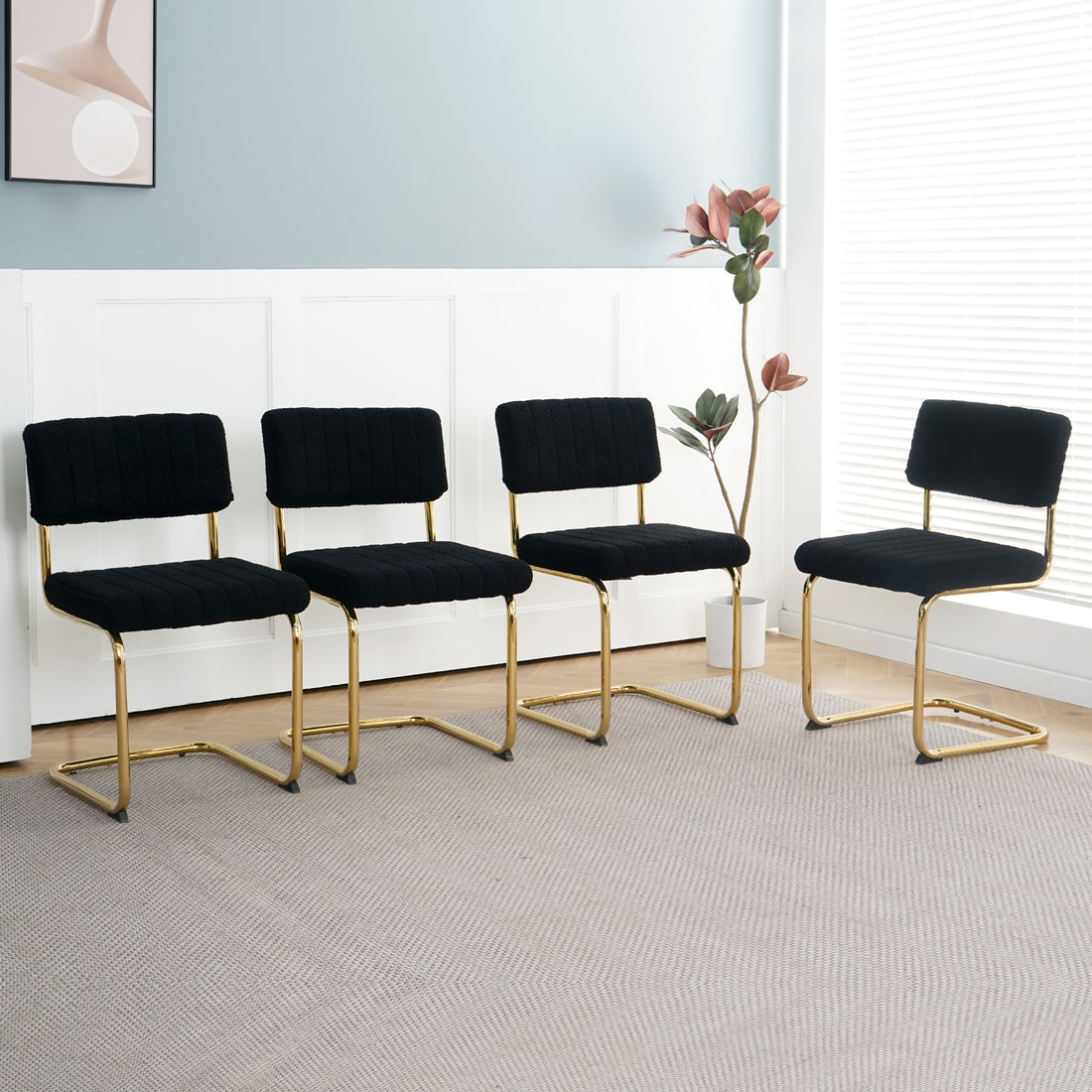 Modern Simple Light Luxury Dining Black Chair Home Bedroom Stool Back Dressing Chair Student Desk Chair Gold Metal Legs Set Of 4 Metal Black Teddy