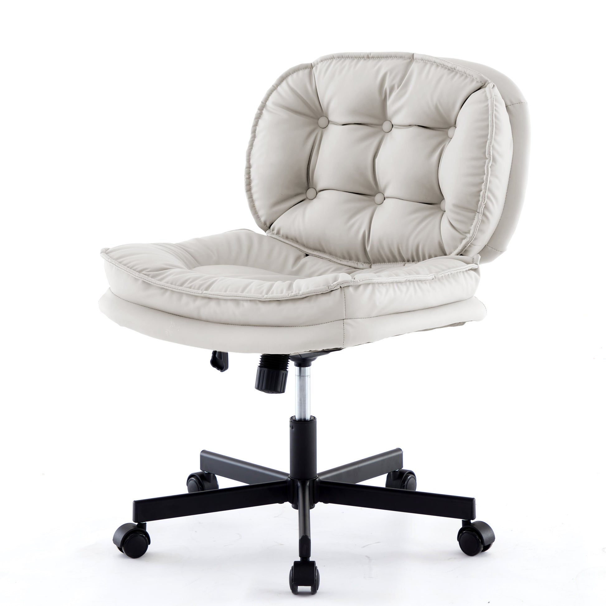Armless Office Desk Chair With Wheels: Pu Leather Cross Legged Wide Ch