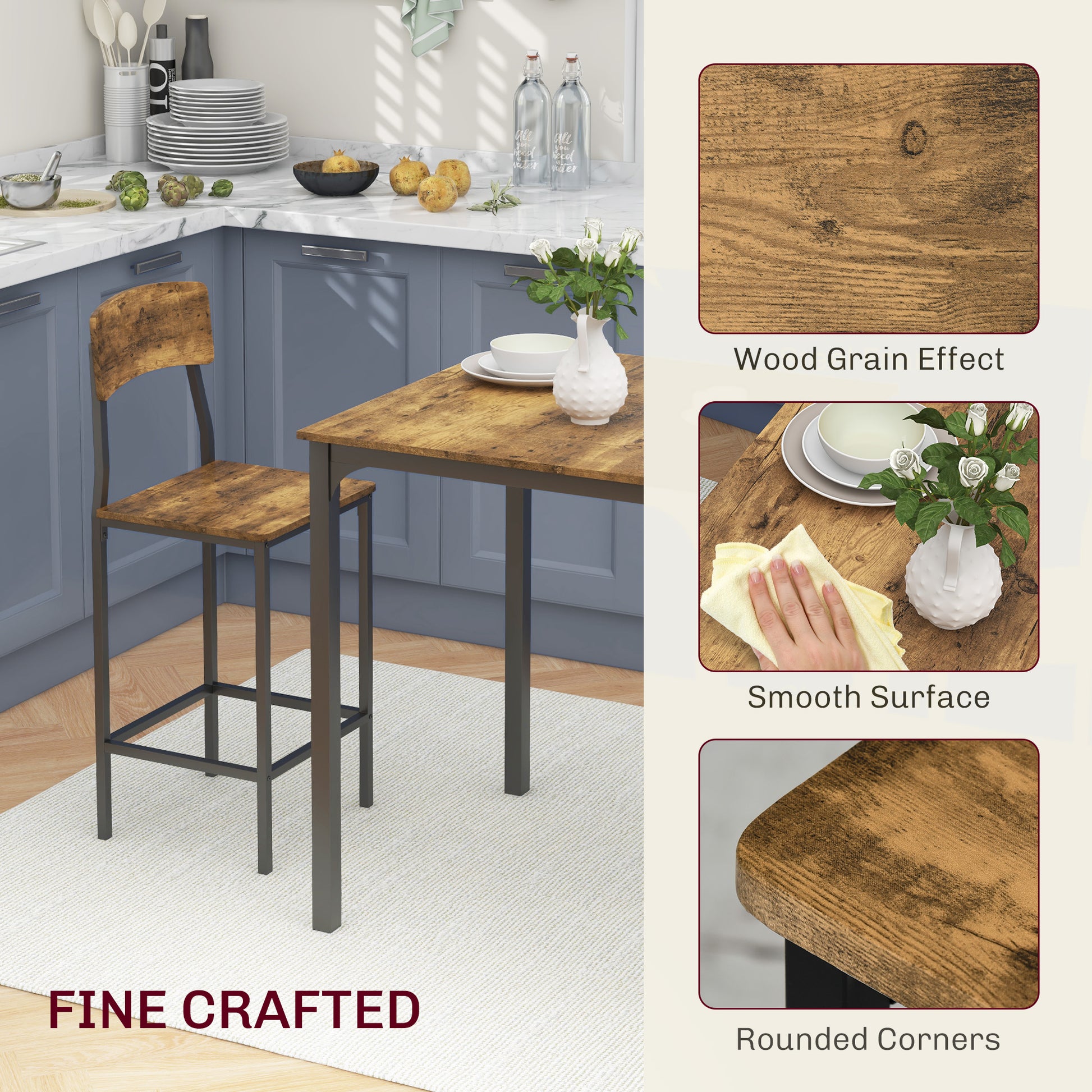 Homcom 3 Piece Counter Height Bar Table And Chairs Set, Industrial Small Dining Table Set For 2, Square Kitchen Table And Stools With Steel Frame, Rustic Brown And Black Brown Black Steel