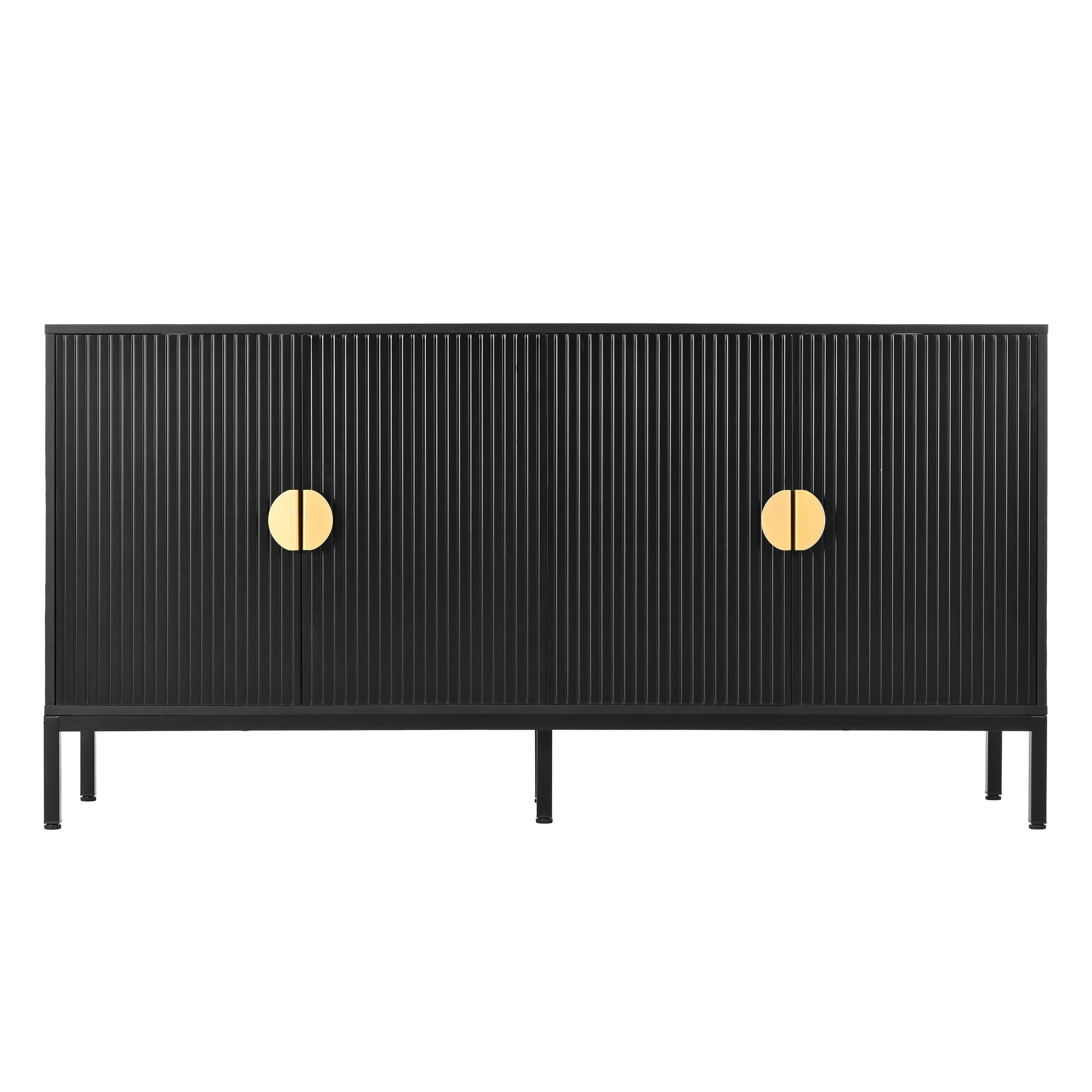 Exquisite Vertical Striped Four Door Sideboard With Sturdy Metal Legs And Semi Circular Handles, Suitable For Study, Entryway And Living Room Black Primary Living Space American Design Mdf