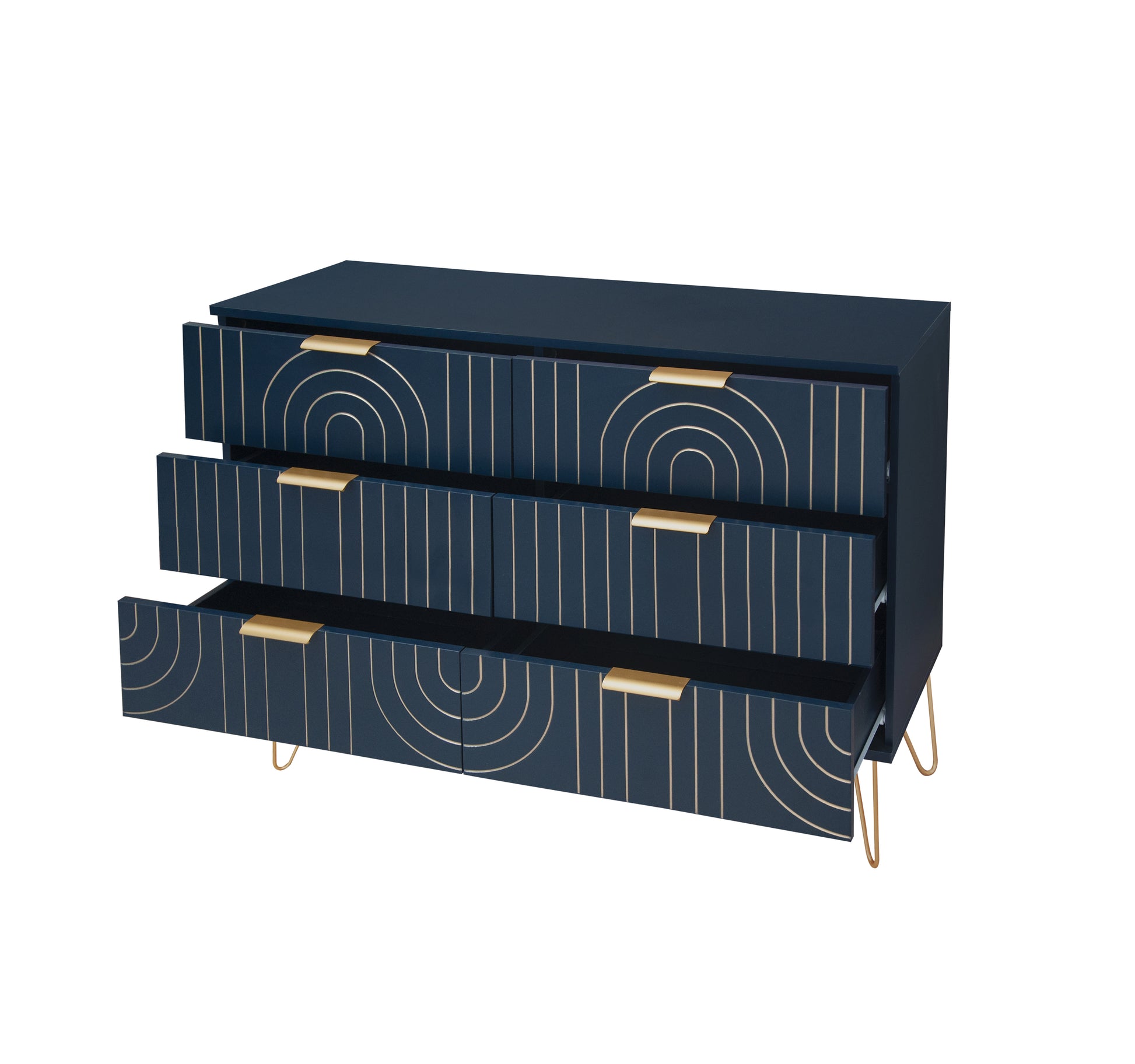 Modern 6 Drawer Dresser, Modern Dresser With Metal Handles, Storage Chest Of Drawer, Wide Dresser Drawer Organizers With Carving Design For Bedroom, Living Room, Hallway 5 Or More Drawers Dark Blue Modern Particle Board Mdf