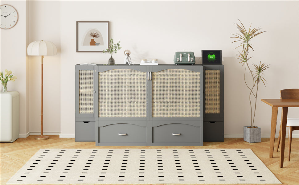 Full Size Murphy Bed Wall Bed With Drawer And Rattan Decoration With 2 Storage Cabinets, One Set Of Sockets & Usb Ports, Pulley Structure Design, Gray Full Gray Plywood