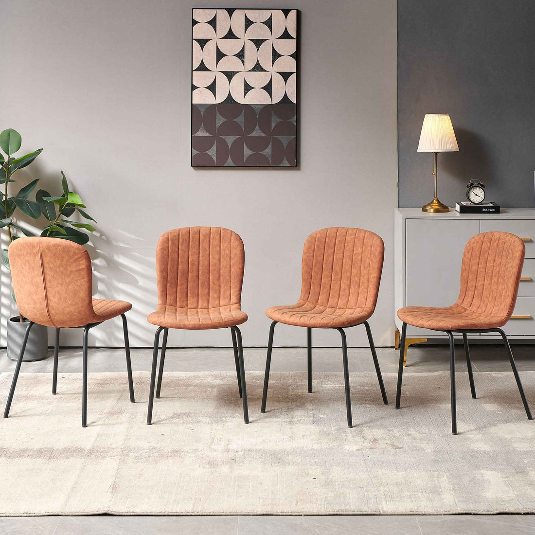 Brown Faux Leather Dining Chairs Set Of 4,Mid Century Modern Upholstered Pu Leather Chairs,For Kitchen Dining Room Metal Plaid Brown Dining Room Powder Coated Foam Dry Clean Modern Dining Chairs Solid Back Foam Pu Leather