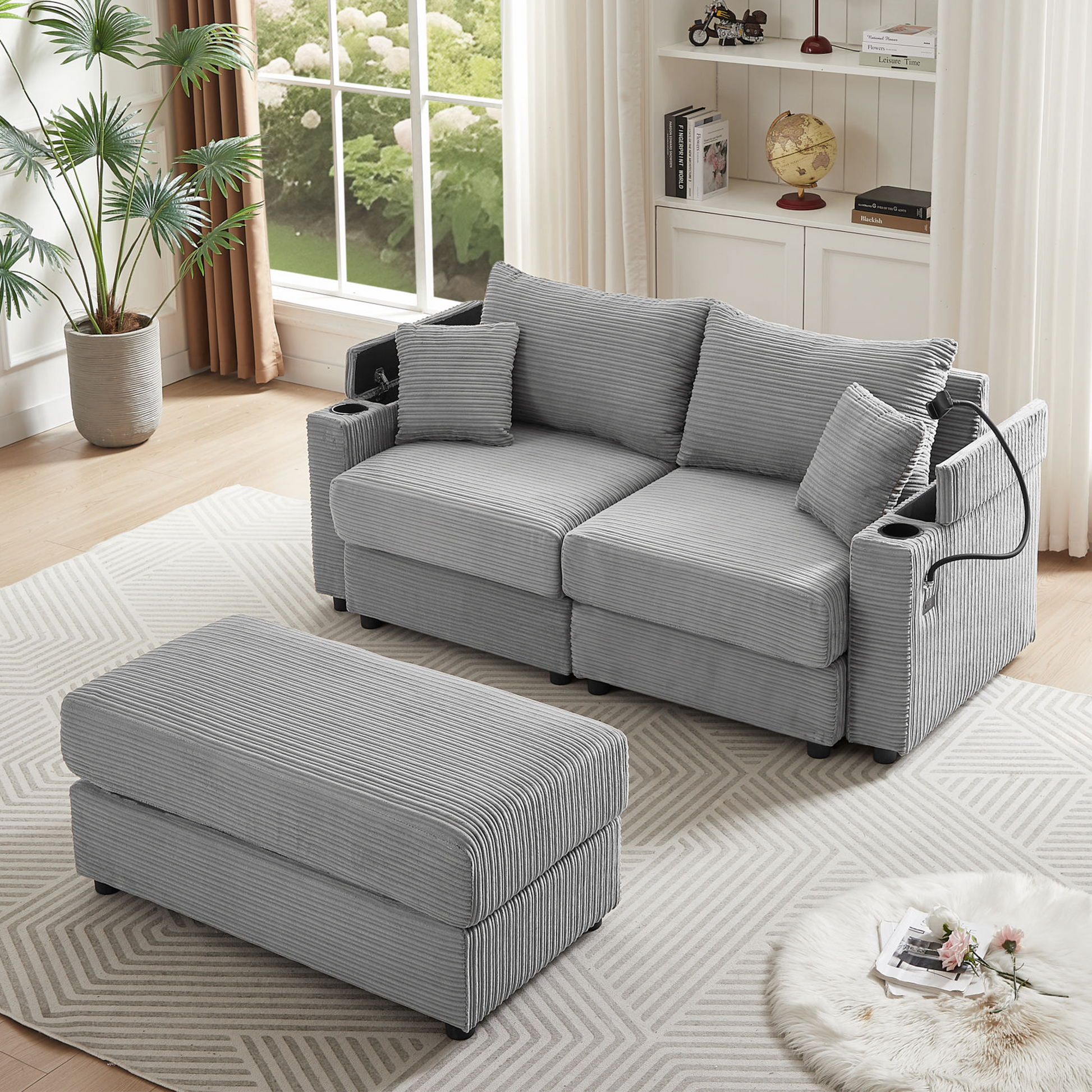 72.8" Modern Style Loveseat Sofa Sectional Sofa Couch With Storage Space, A Movable Ottoman, Two Usb Ports, Two Cup Holders, A Phone Holder For Living Room, Gray Gray Foam Corduroy 3 Seat