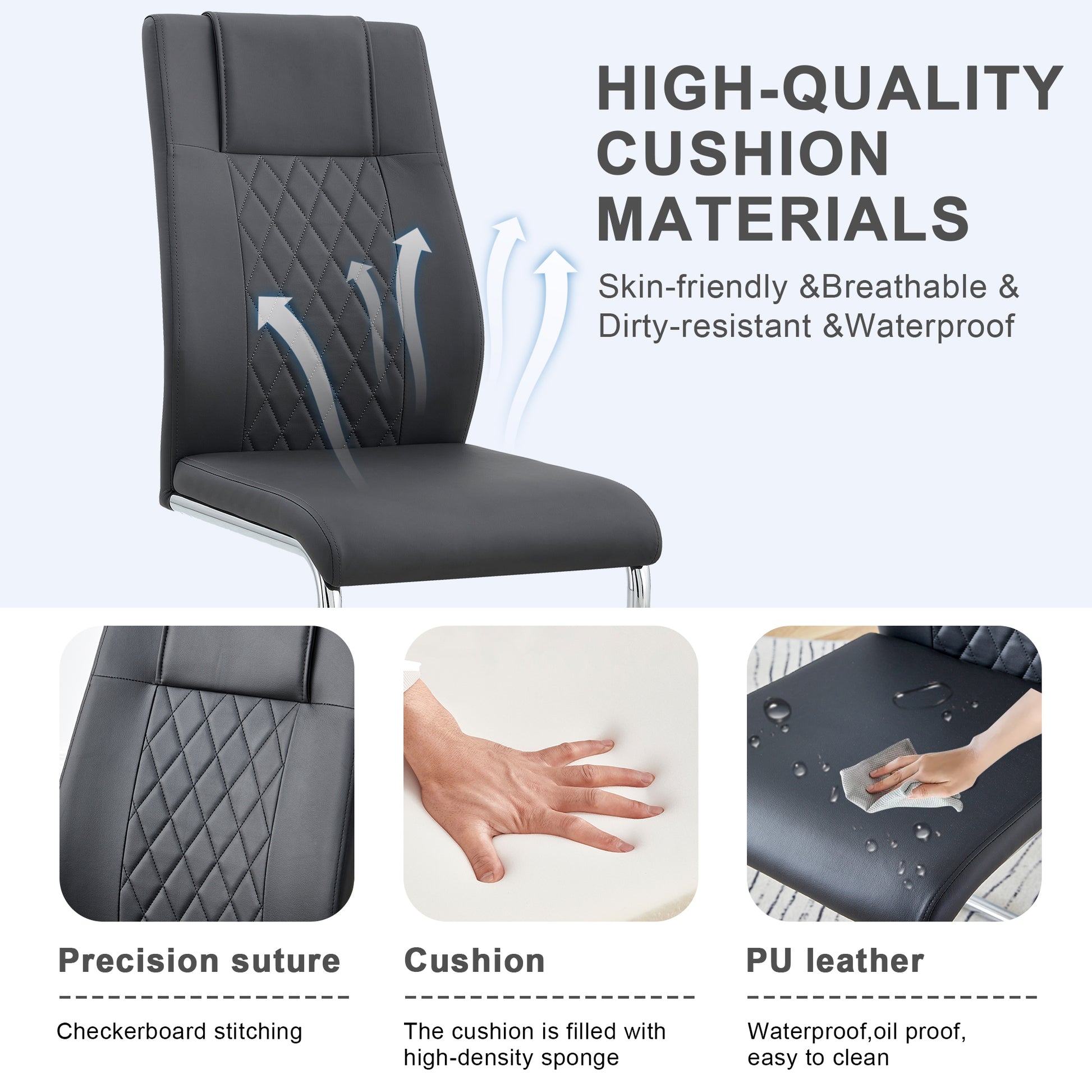 Table And Chair Set.Large Minimalist Rectangular Glass Dining Table For 6 8 With 0.39" Tempered Glass Tabletop And Silver Chrome Metal Legs.Paried With Comfortable Chairs With Pu Seats And Metal Legs. Silver Seats 8 Glass Metal