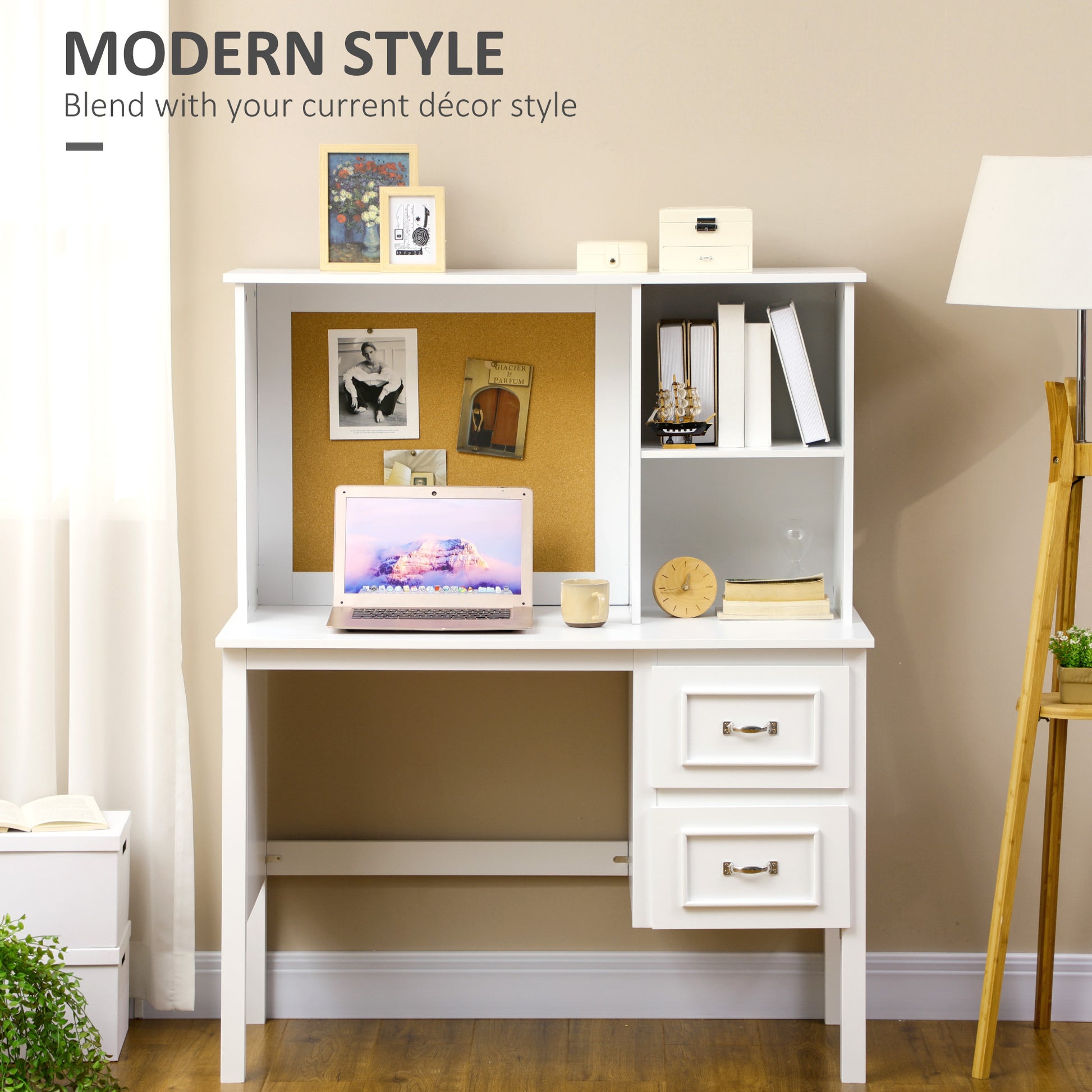 Homcom Computer Desk With Drawers & Shelves, Home Office Desk With Storage & Corkboard, Workstation Table With Cable Hole, White White Mdf