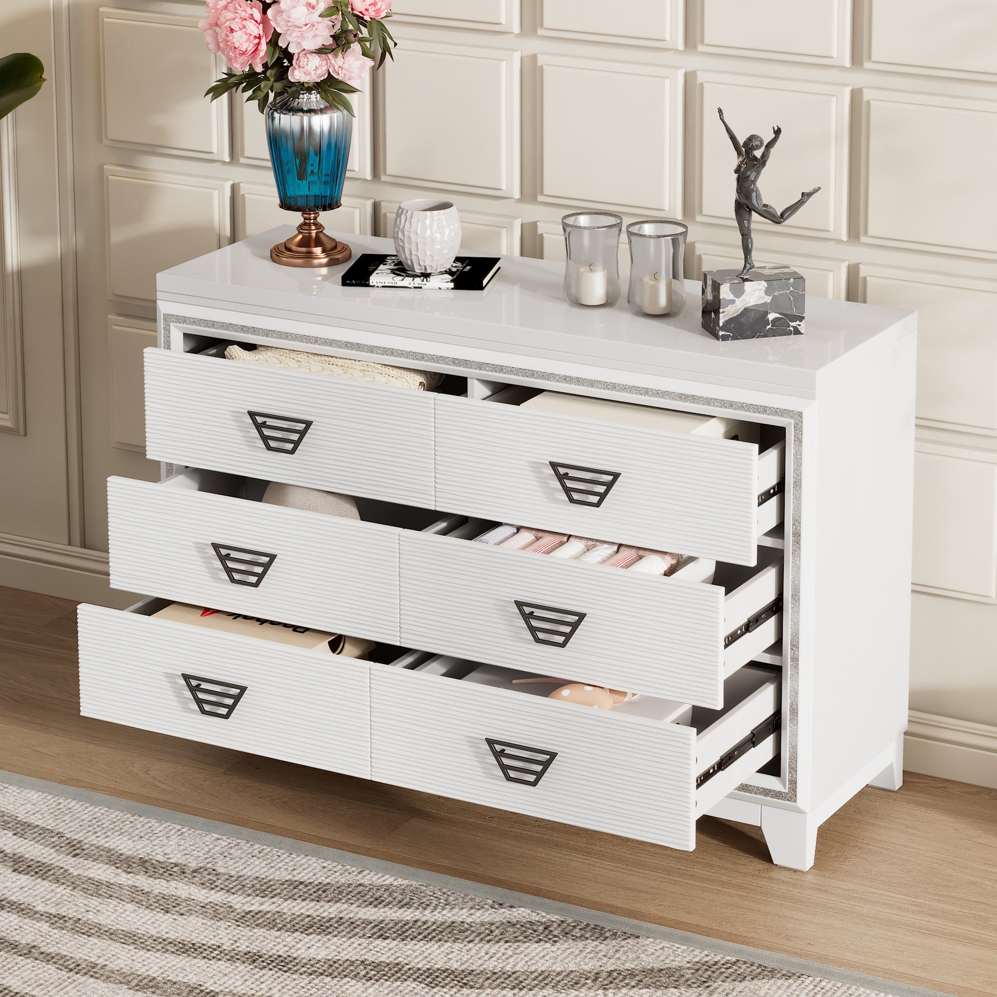 Elegant Dresser With Metal Handle And Sparkling Shiny Decoration, Storage Cabinet With 6 Drawers For Bedroom, Living Room, White White Mdf Metal Elegant Dresser With Metal Handle And Sparkling Shiny Decoration, Storage Cabinet With 6 Drawers For Bedroom, Living Room, White White Mdf Metal
