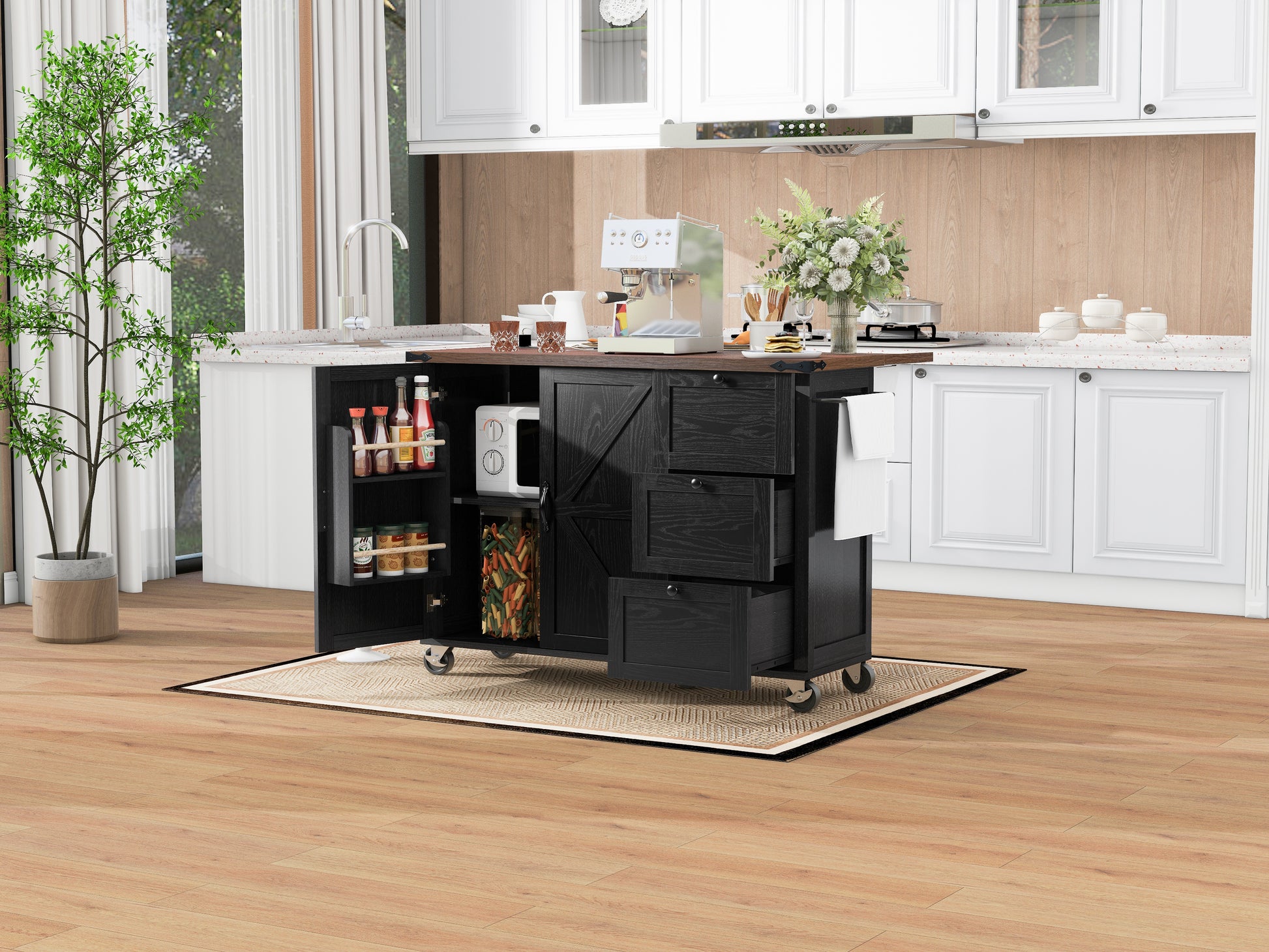 K&K 54.5" Farmhouse Kitchen Island With Power Outlet, Kitchen Storage Island With Internal Storage Rack, Drop Leaf, Spice Rack, Rolling Kitchen Cart On Wheels, For Home, Kitchen And Dining