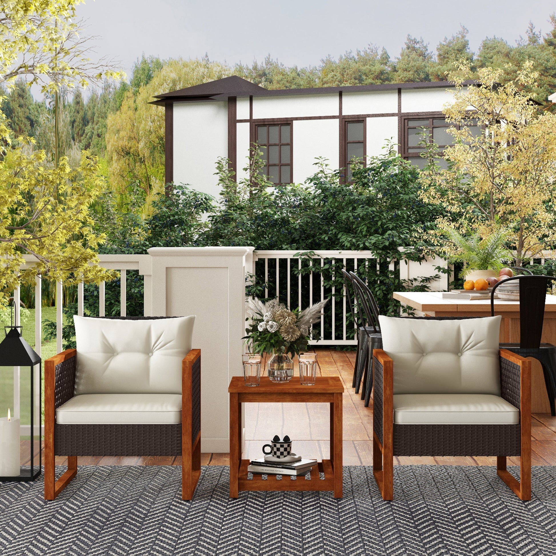 Outsunny 3 Pieces Patio Bistro Set Wooden With Cushions, Pe Wicker Patio Furniture Outdoor For Porch, Backyard, Garden, Brown Brown Rattan Metal