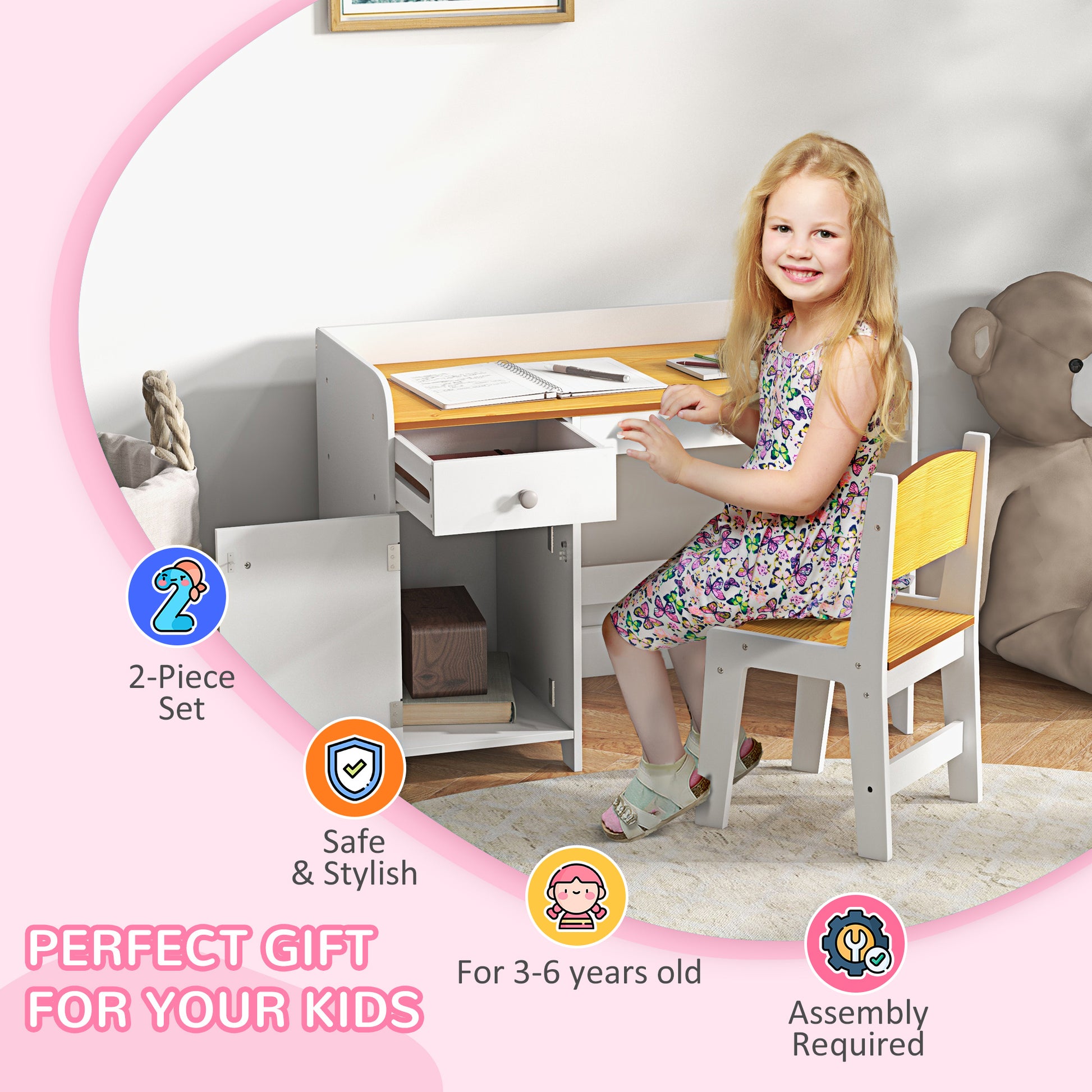 Qaba Kids Desk And Chair Set With Storage Drawer, Study Desk With Chair For Children For Arts & Crafts, Snack Time, Homeschooling, Homework, White White Mdf