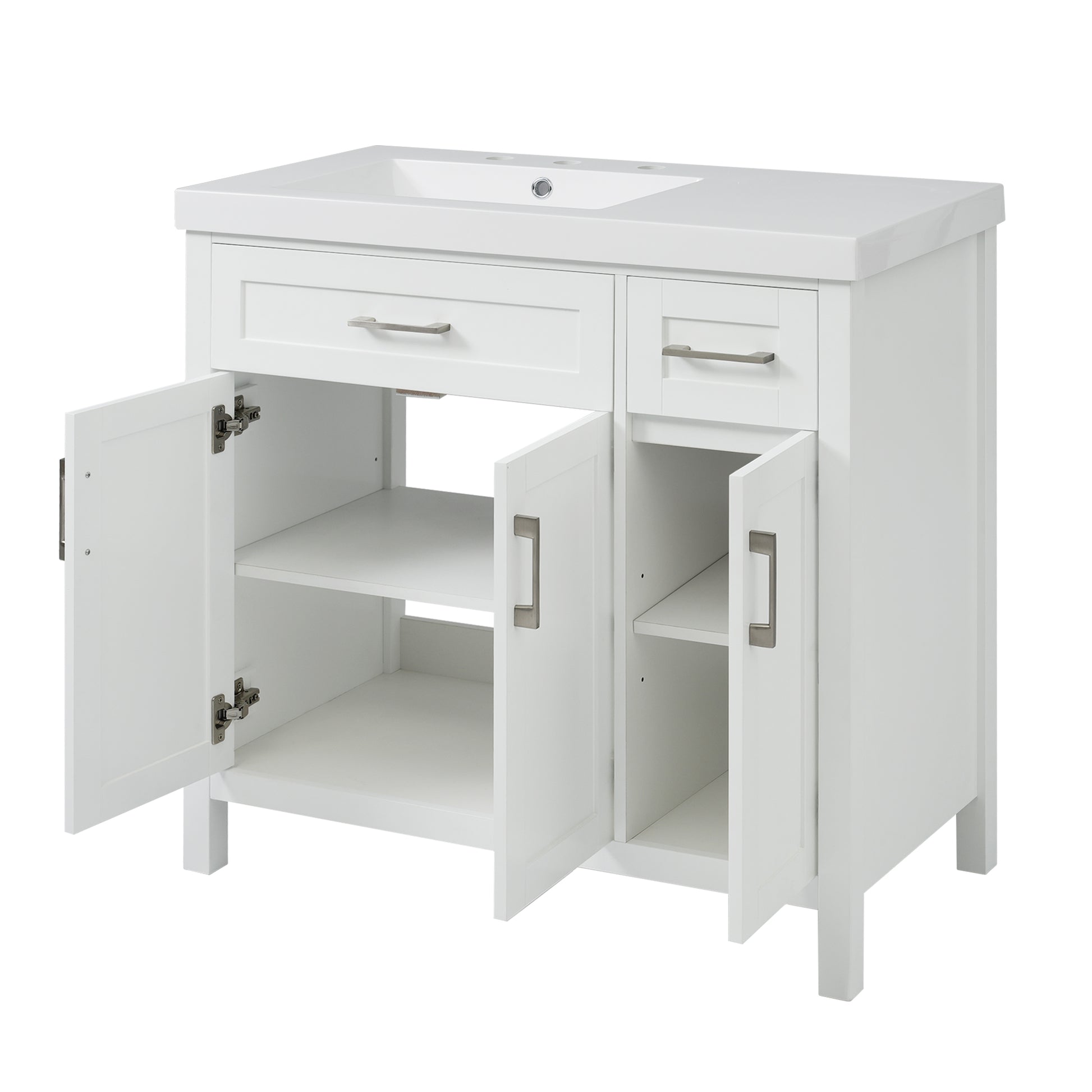 36" White Bathroom Vanity Cabinet With Resin Integrated Sink 2 Drawers, 3 Doors White Bathroom Solid Wood Mdf Resin