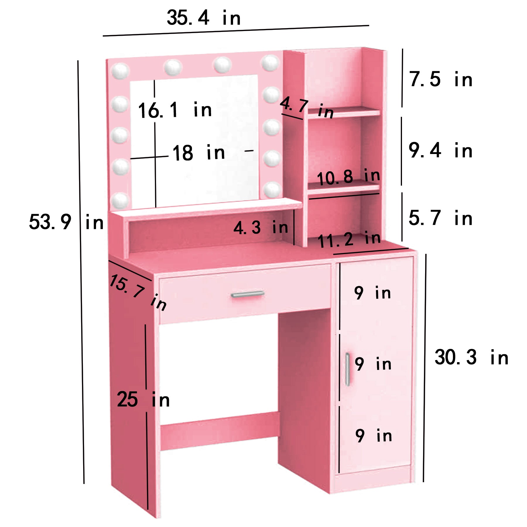 Vanity Desk With Mirror & Light, Large Drawer Three Level Storage Dresser, 3 Lighting Modes Adjustable Brightness, Bedroom Dressing Table Pink Baby Pink Particle Board