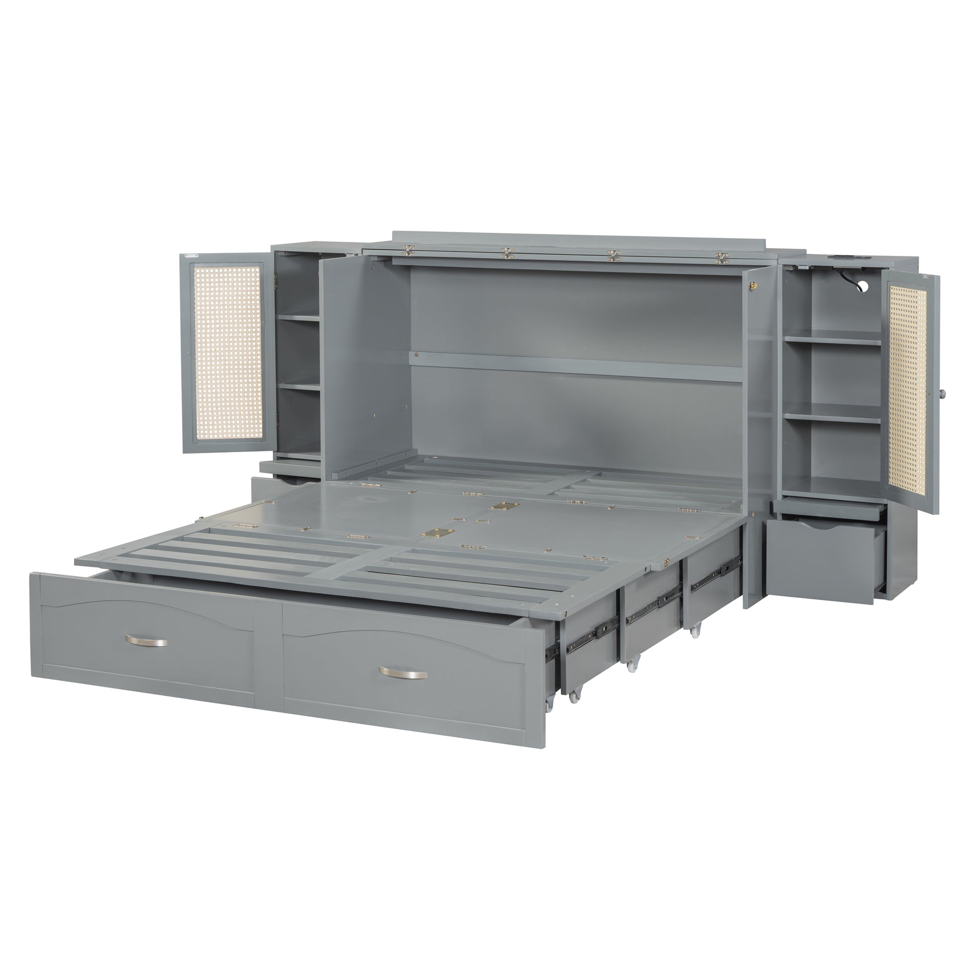 Queen Size Murphy Bed Wall Bed With Drawer And Rattan Decoration With 2 Storage Cabinets, One Set Of Sockets & Usb Ports, Pulley Structure Design, Gray Queen Gray Plywood