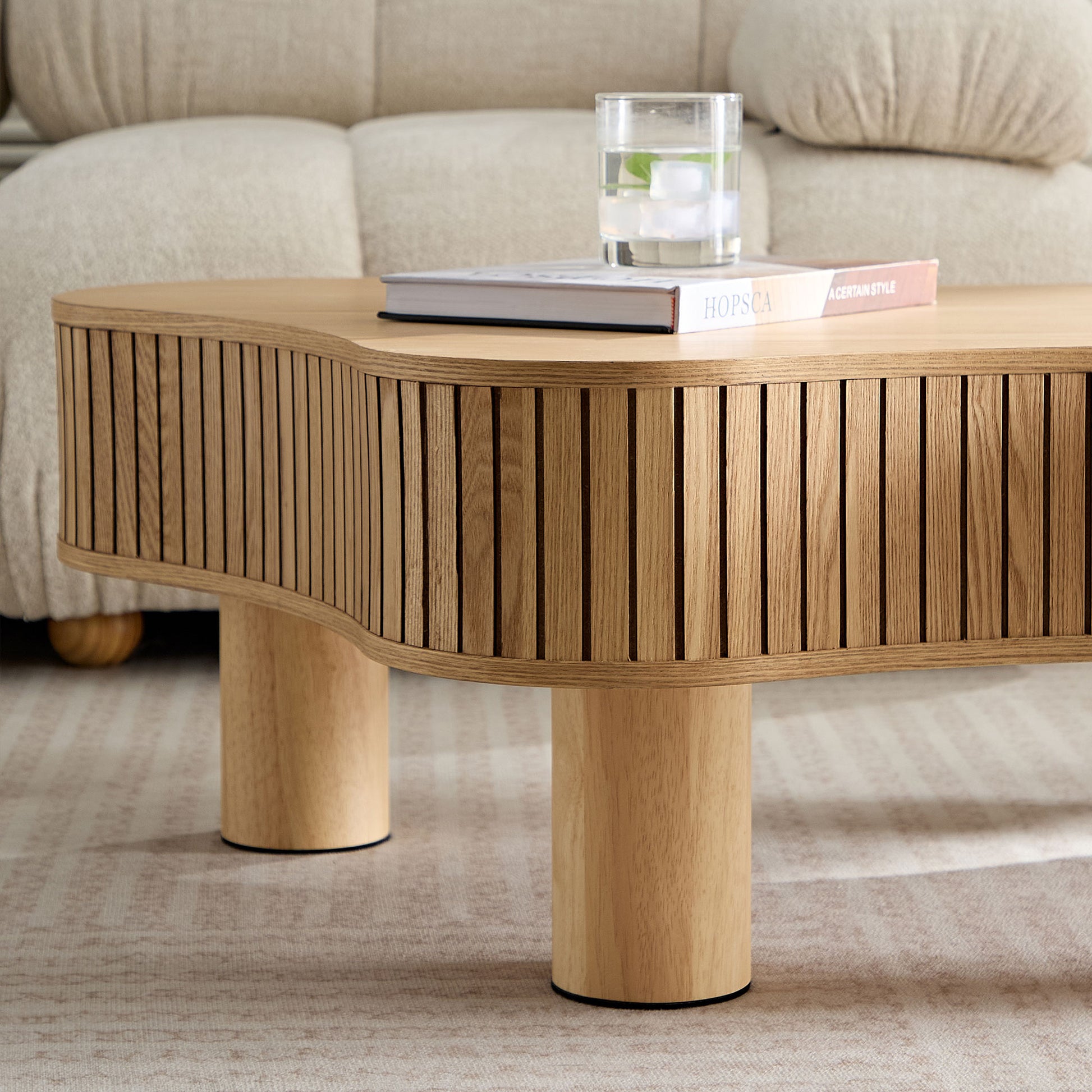 42.52 Inch Modern Wooden Handcraft Drum Coffee Table Irregular Shaped Coffee Table For Living Room,Small Coffee Table With Sturdy Pedestal,Natural Color Natural Solid Wood Mdf