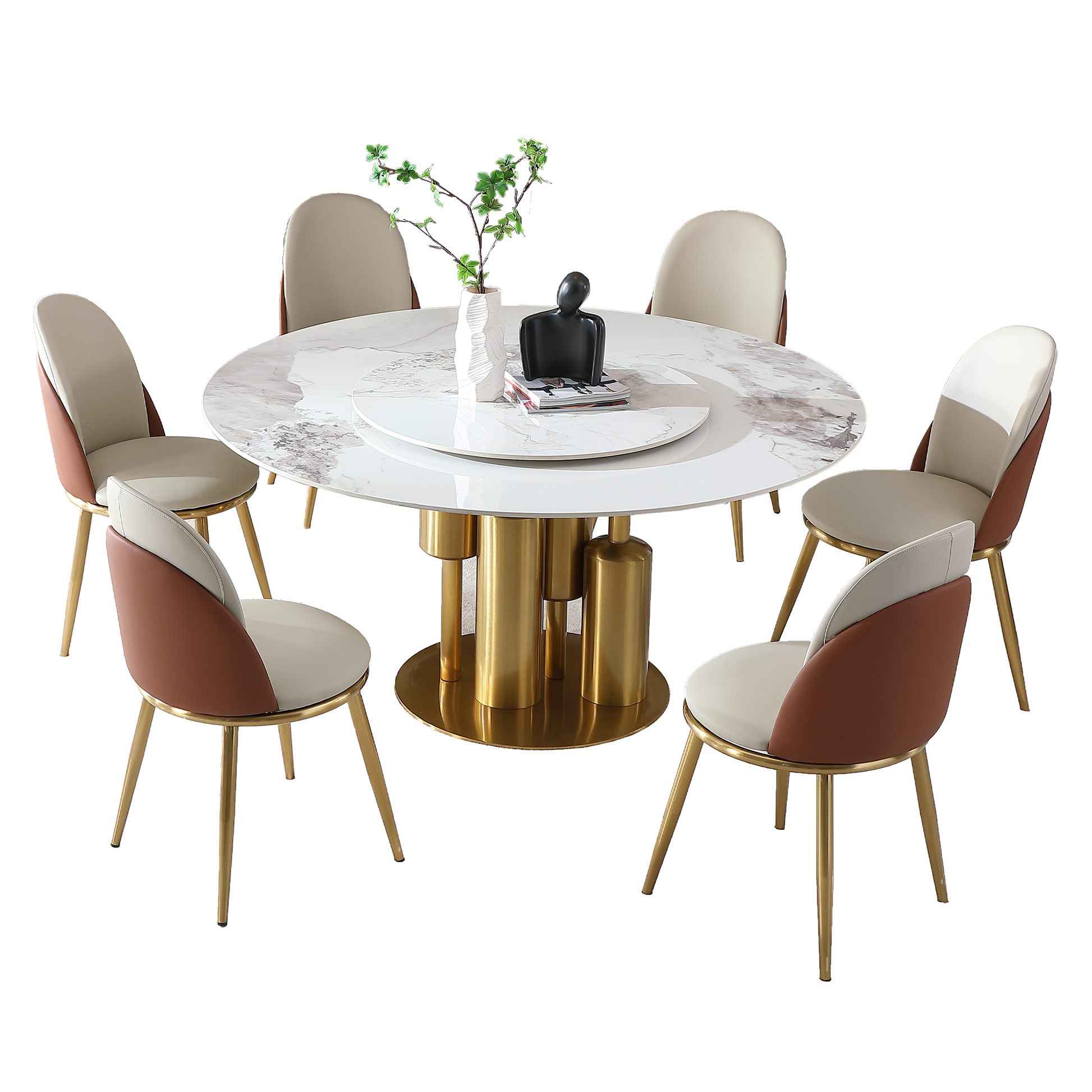 Modern Marble Dining Table, 59" Round Sintered Stone Table For Dining Room, Kitchen, Dinette, Compact Space With Lazy Susan 6 Chairs Gold,White Dining Room American Design,Luxury,Modern Tabeltop