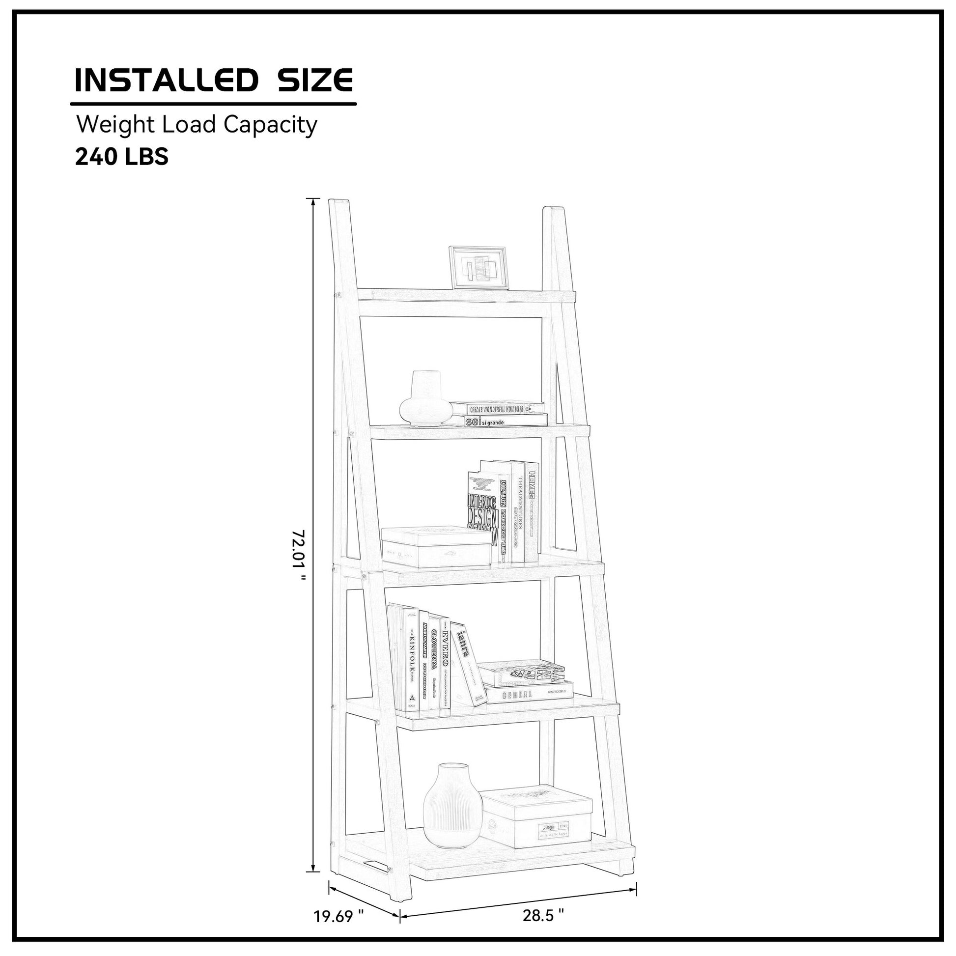 5 Tier Shelves,Bookshelf, Storage Rack, Bookcase With Rubber Wood Frame, Ladder Shelf For Living Room, Home Office, Kitchen, Bedroom, Apartment Grey White Solid Wood Mdf