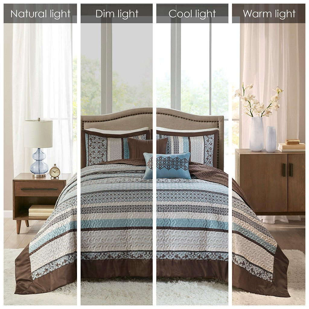 5 Piece Jacquard Quilt Set With Throw Pillows Blue Full Queen Full Blue Cotton