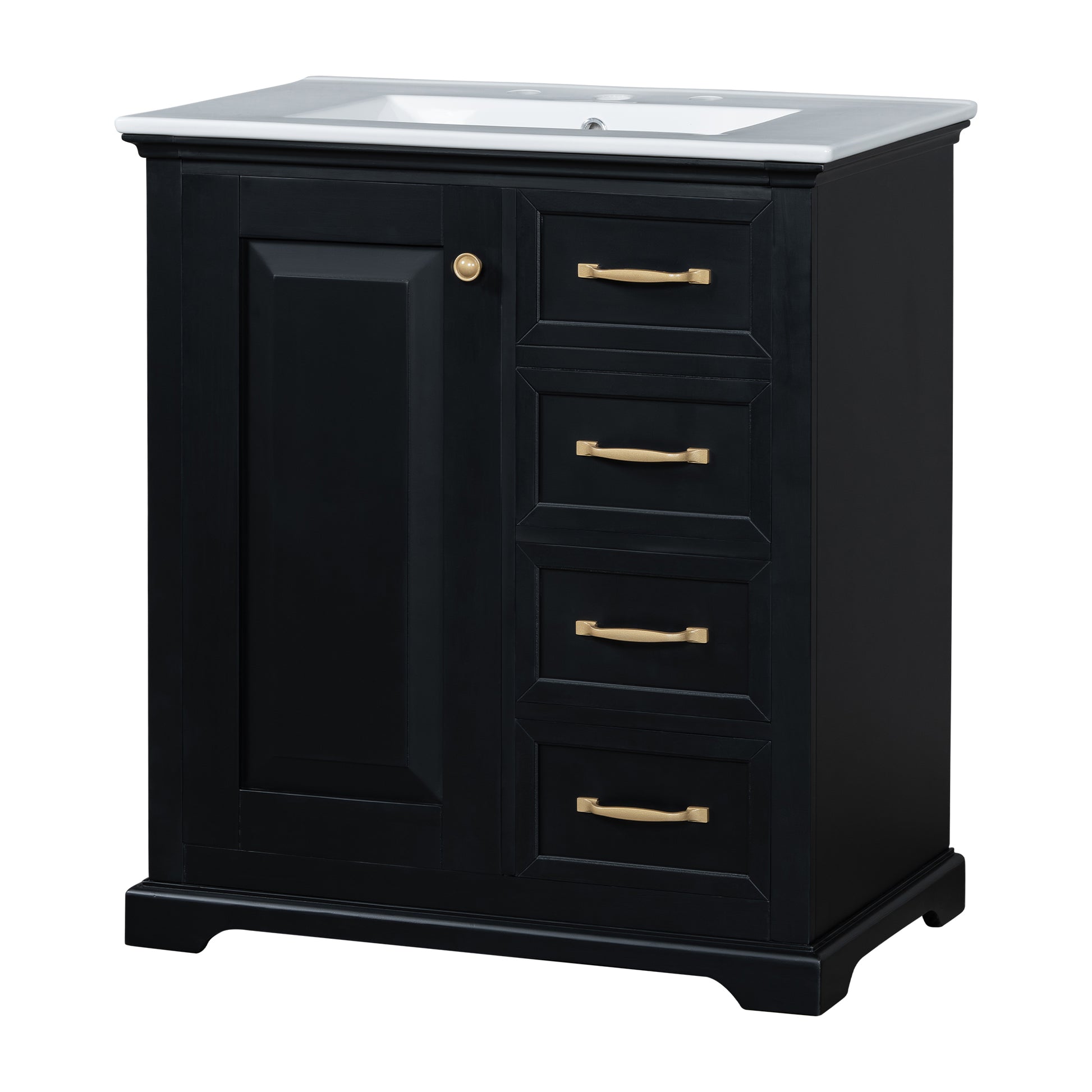 30" Bathroom Vanity With Sink, One Package, Black Bathroom Cabinet With Drawers, Solid Frame And Mdf Board Black Solid Wood Mdf