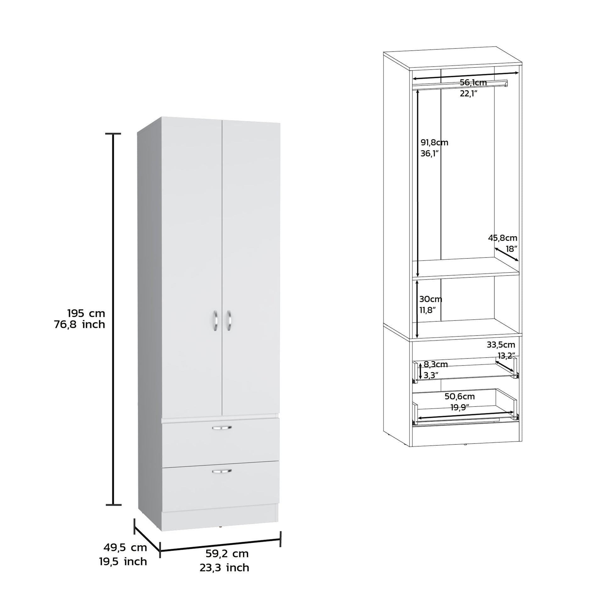 Vico Armoire Wardrove 76" H, Hanging Rod, 2 Drawers, 1 Shelf, White White Solid Wood Mdf Engineered Wood