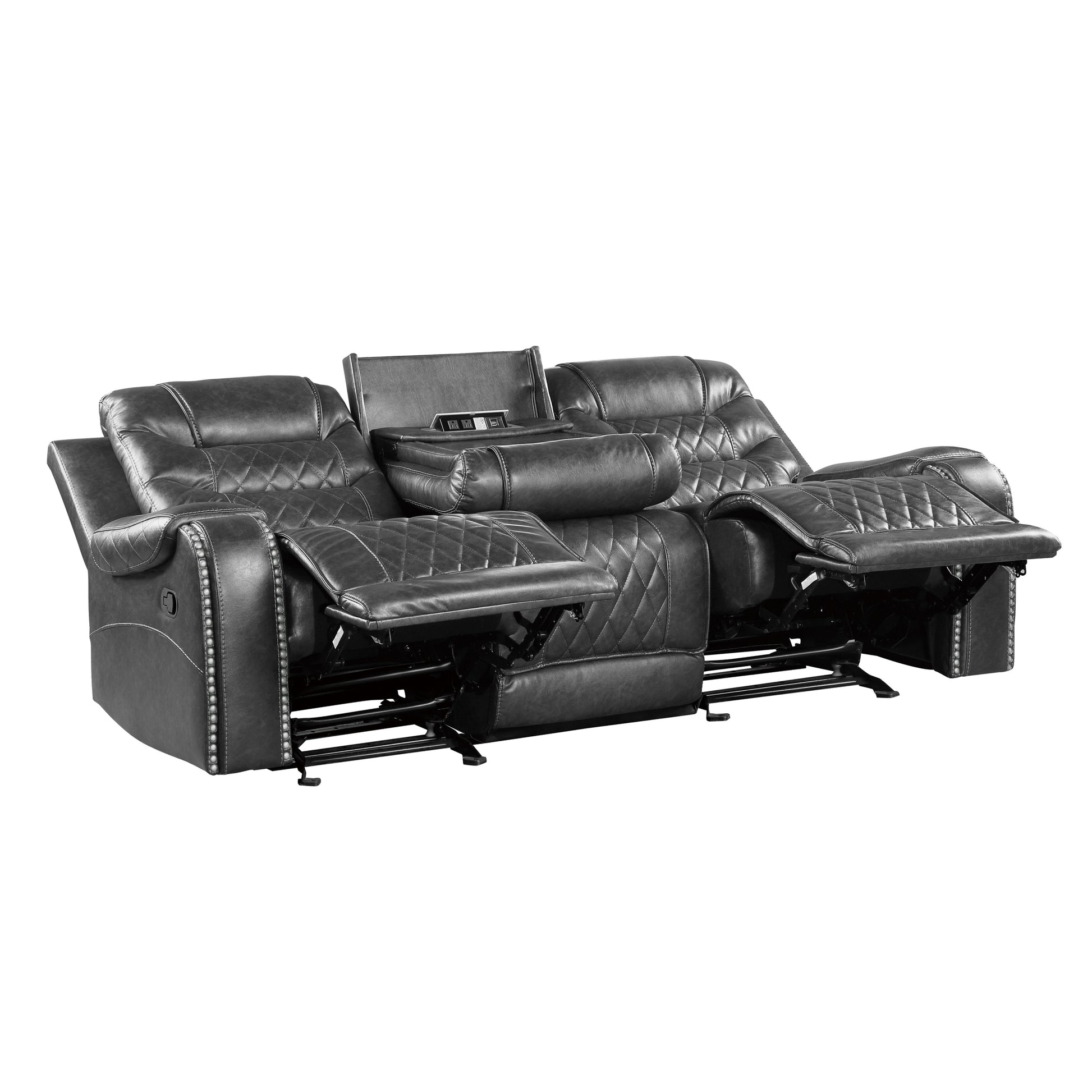 Luxurious Living Room Furniture 2Pc Reclining Sofa Set Grayfaux Leather Upholstery Center Drop Down Cup Holders, Power Outlets, Usb Ports, Diamond Pattern Stitching Gray Faux Leather Wood Primary Living Space Luxury,Modern Solid Wood 5 Seat