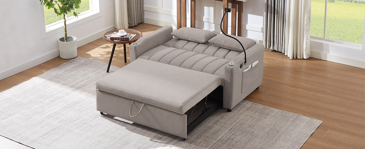 55.9" Convertible Sofa Bed Loveseat Sofa With Three Usb Ports, Two Side Pockets, Two Cup Holders And 360 Swivel Phone Holder For Living Room, Light Grey Light Grey Foam Polyester
