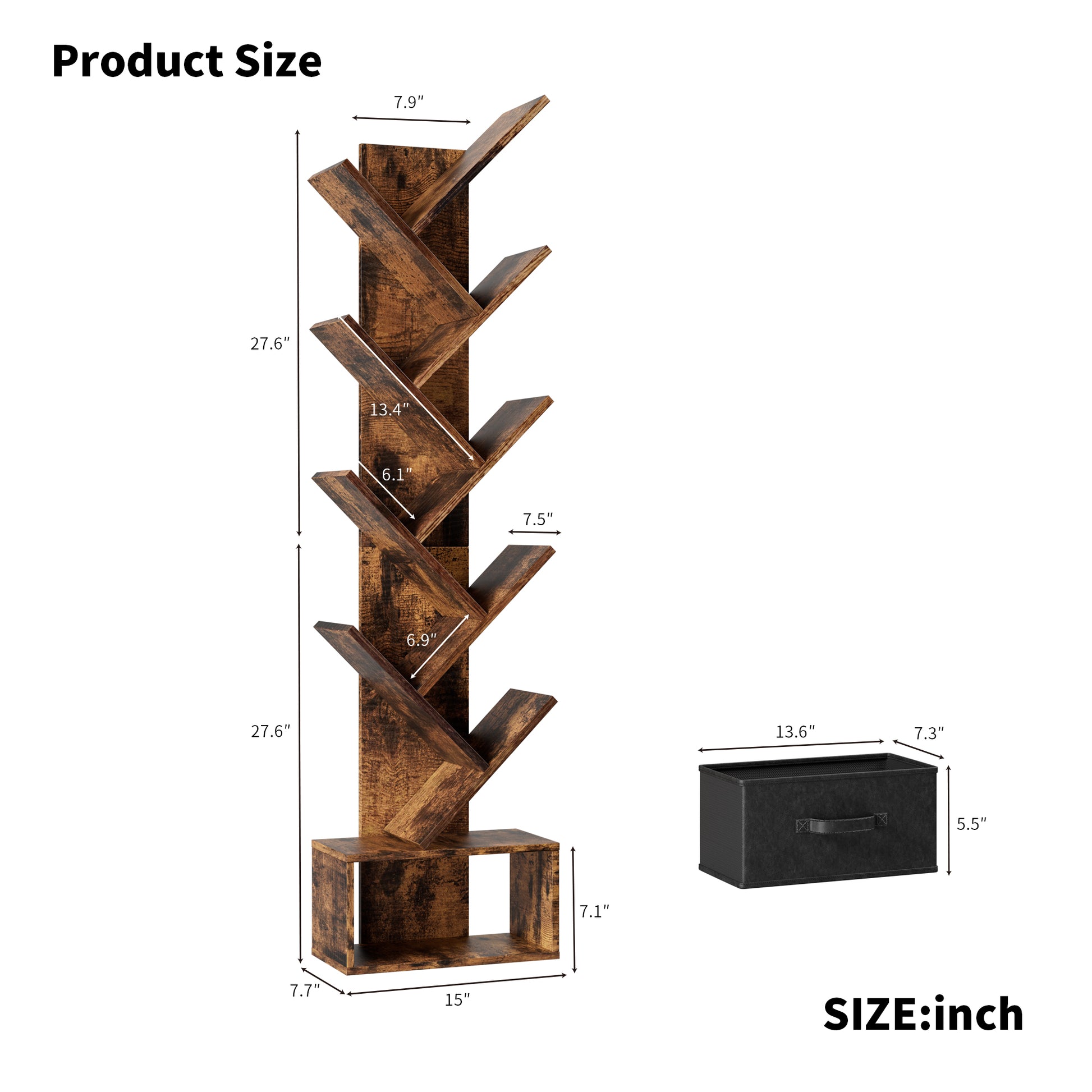 9 Tier Tree Bookshelf With Drawer Bookcase, Modern Book Storage, Free Standing Tree Bookcase, Utility Organizer Shelves For Home Office, Living Room, Bedroom, Rustic Brown Deep Rustic Brown Metal