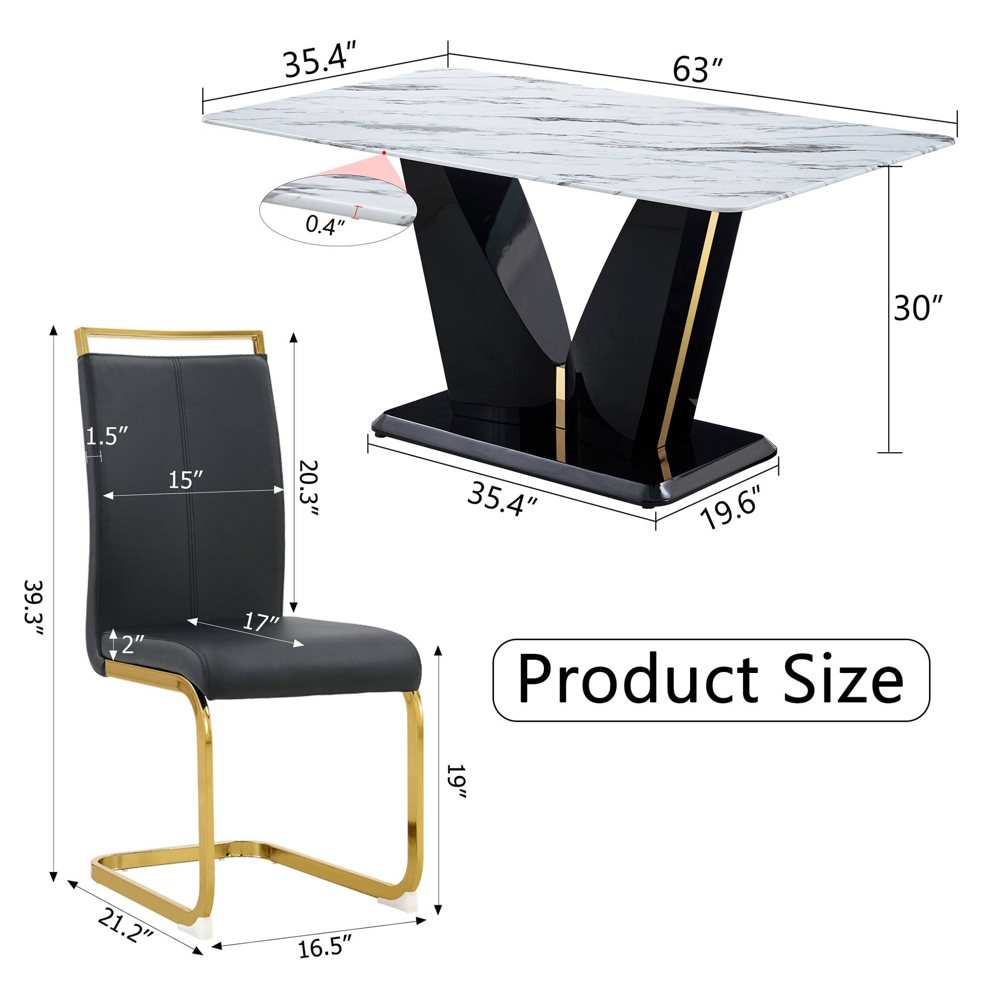 Table And Chair Set, White Imitation Marble Texture Glass Tabletop, Black Mdf Table Legs, Stable And Beautiful. Modern Simple Dining Table, Comfortable Seating. White Black Seats 6 Mdf Glass