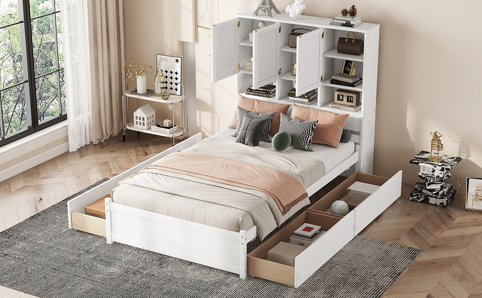 Full Size Platform Bed With Storage Headboard And 4 Drawers, White Box Spring Not Required Full White Wood Bedroom Bed Frame Solid Wood Mdf