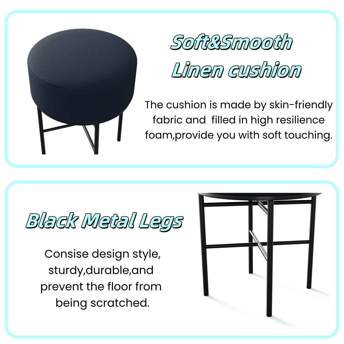 2 Pcs Round Cushioned Vanity Stool, Linen Upholstered Vanity Stool For Makeup Room, Modern Soft Stool For Bar And Dining, Ottoman Footrest Stool With Metal Legs For Living Room, Bedroom Black Black Vanity Stools Bedroom Round Minimalist,Modern Stackable