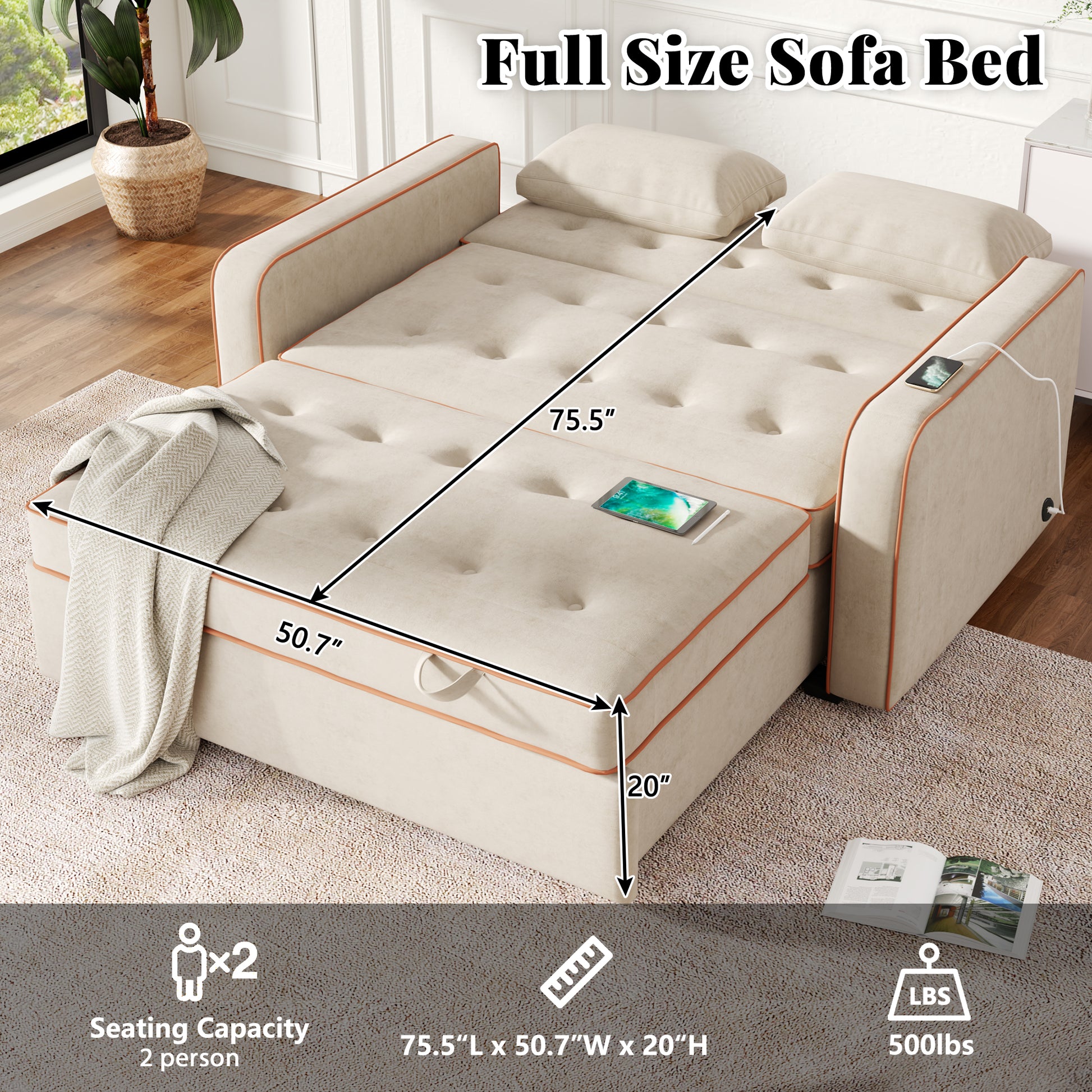 66.5" Velvet Upholstered Sleeper Bedpull Out Sofa Bed Couch Attached Two Throw Pillows,Dual Usb Charging Port And Adjustable Backrest For Living Room Space, Light Beige Beige Foam Velvet 2 Seat