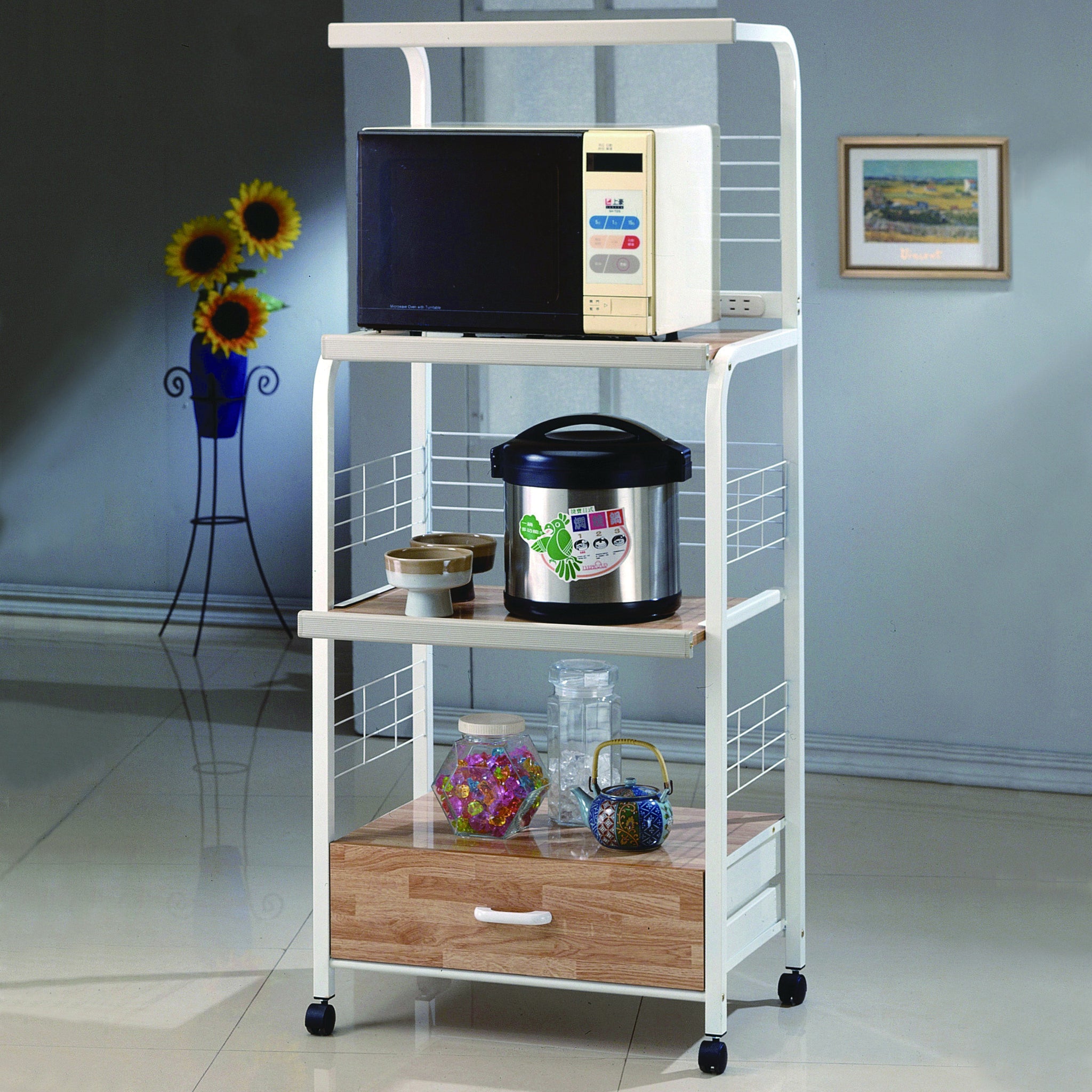 Kitchen Shelf On Casters Metal White White Metal