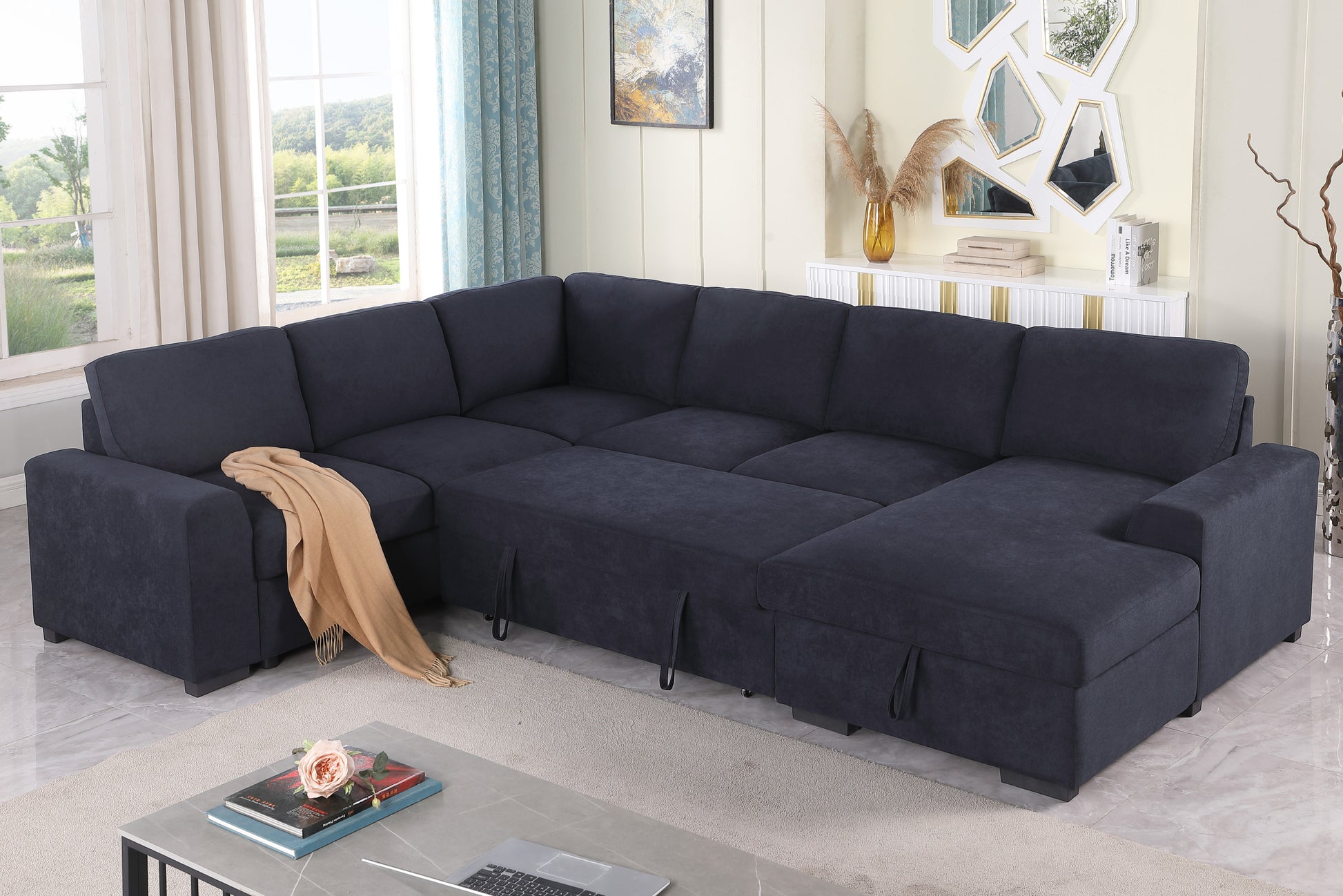 Selene Ii 117.5"W Dark Gray Woven Fabric Sleeper Sectional Sofa With Right Facing Storage Chaise Dark Gray Fabric 6 Seat