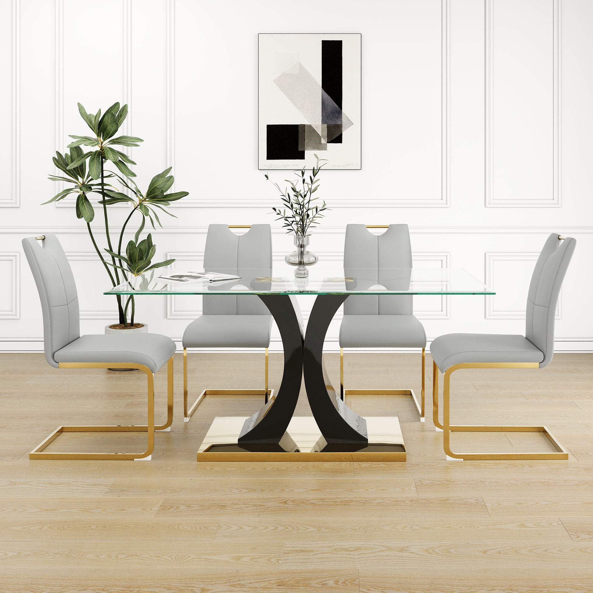 Modern Style Glass Dining Table, Elegant Transparent Design, Solid Support Base, Grey Dining Chair Set, Gold Plated Chair Legs, Suitable For Restaurant Kitchen Use Set Of 5 Grey Gold Seats 4 Mdf