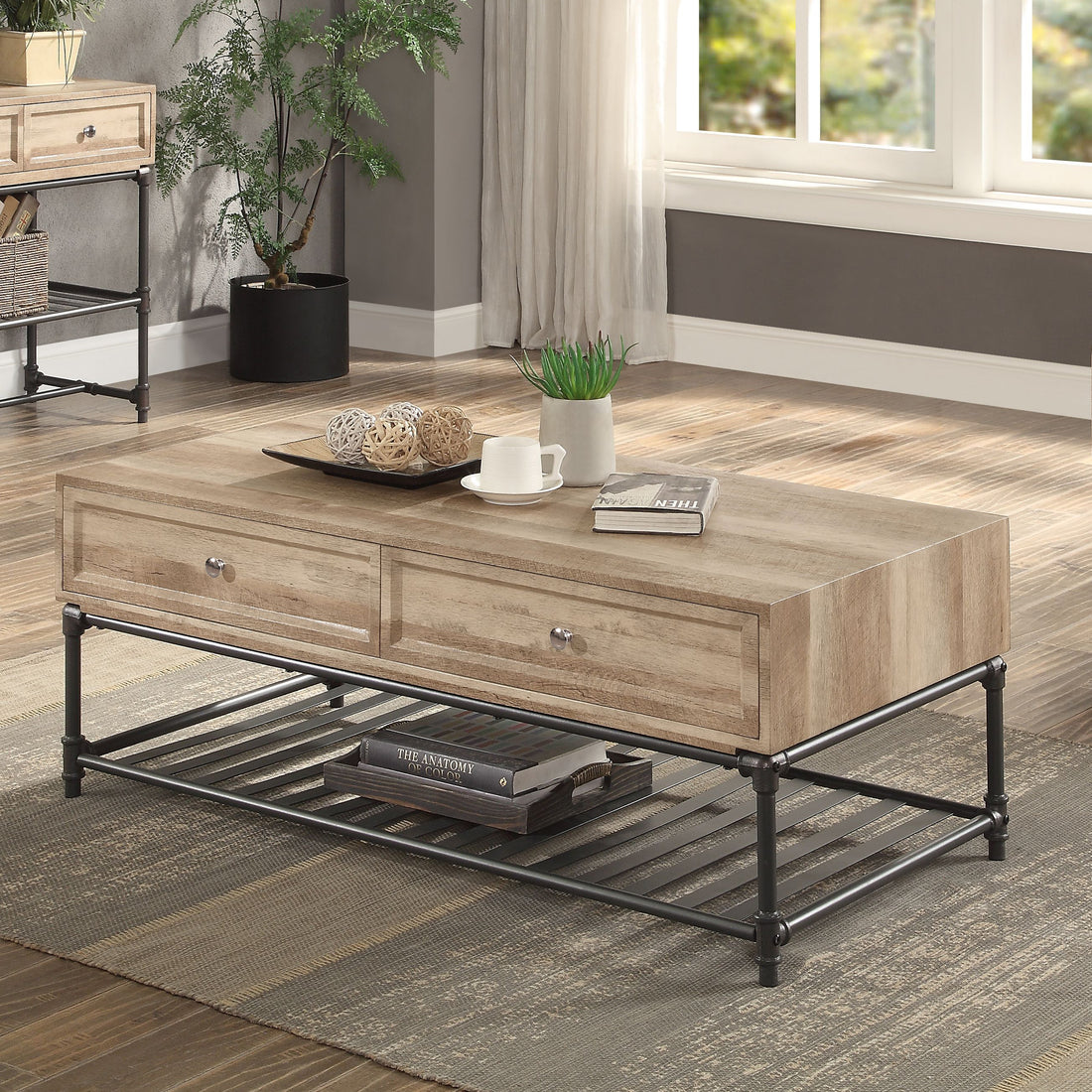 Oak And Sandy Black Coffee Table With Bottom Shelf Oak Primary Living Space Drawers Rectangular Paper Composite