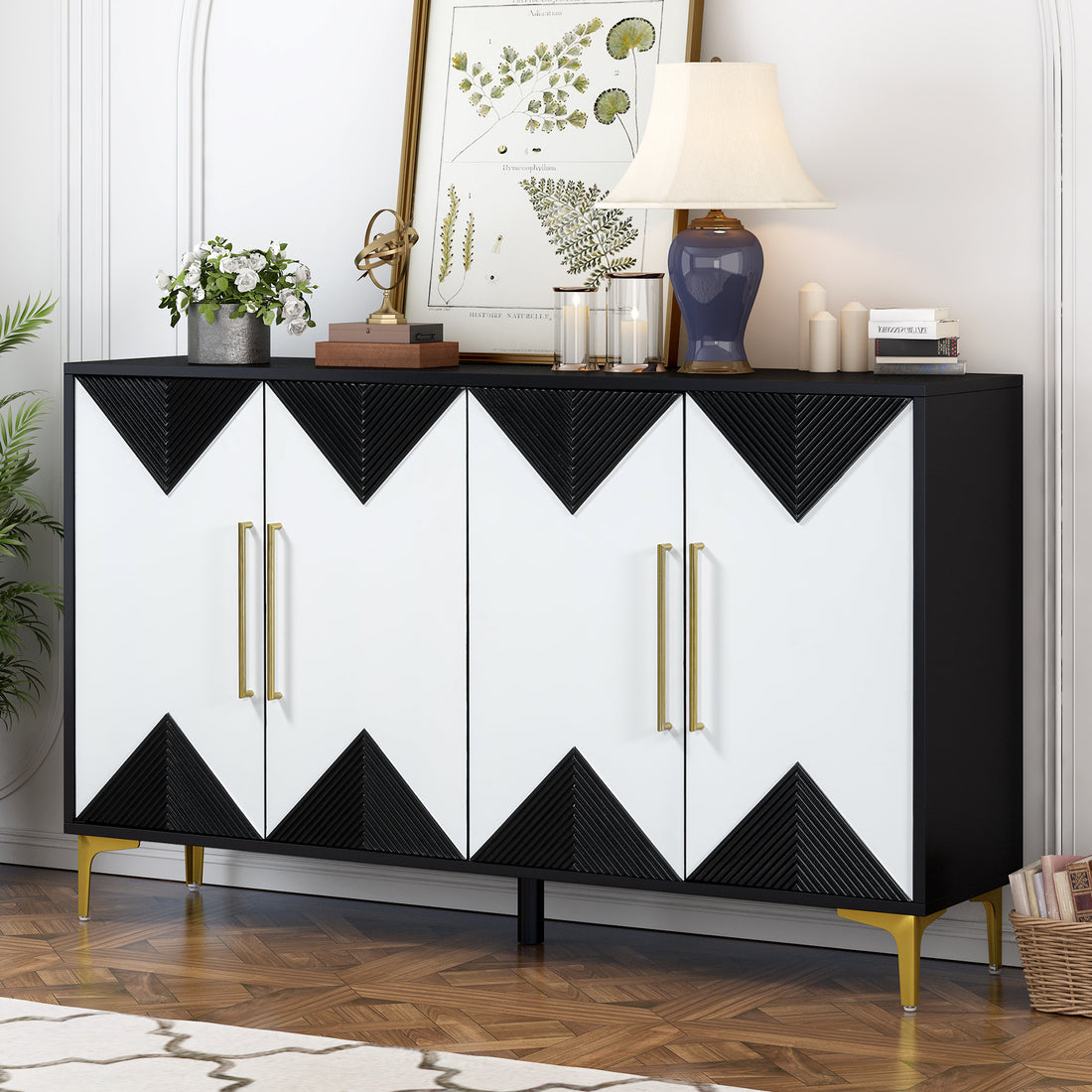 Unique Features Of A Four Door Cabinet With Two Tone Triangular Pattern Doors, Suitable For Entryway, Hallway, Living Room 3 4 Spaces Black White Primary Living Space Adjustable Shelves Artsy,Contemporary Mdf