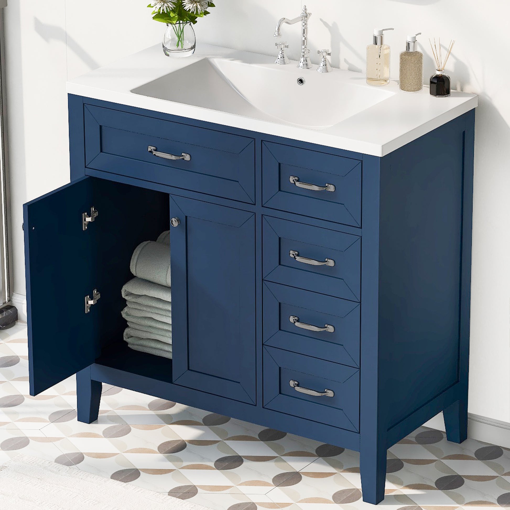 36" Bathroom Vanity With Sink Combo, Blue Bathroom Cabinet With Drawers, Solid Frame And Mdf Board Blue Solid Wood Mdf