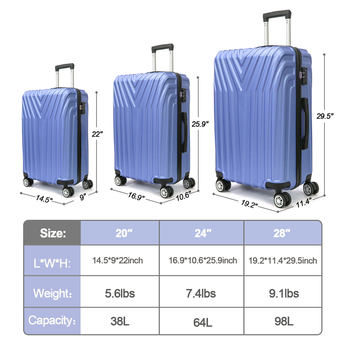 Abs Hard Shell 3 Piece Luggage Set 20 24 28 With 360 Rotating Wheel And Tsa Lock Men And Women Ideal For Business Trips And Family Getaways Purple Abs