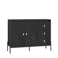 Buffets & Sideboards, Fluted Sideboard Cabinet, 2 Door 3 Drawer Design, With Led Lights,Acceent Black Sideboard Elegant Cabinet Ideal For Dining Room And Kitchen Storage,Black Black Mdf