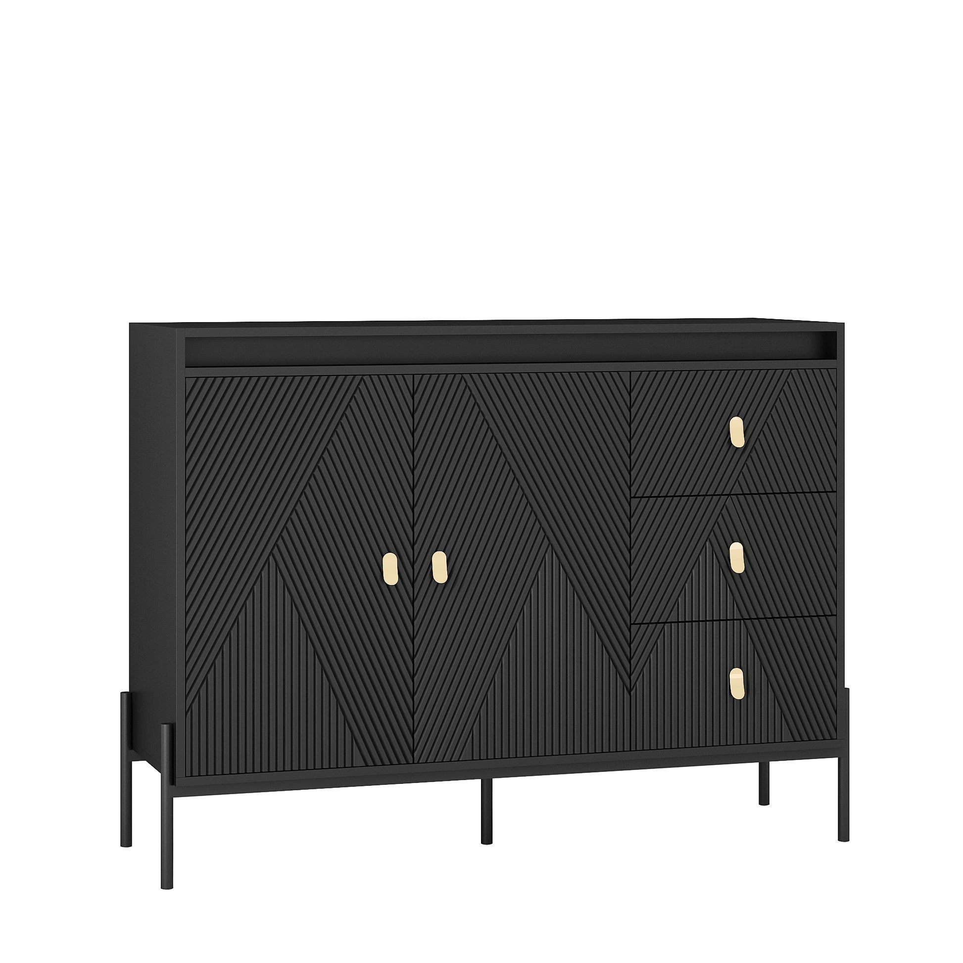 Buffets & Sideboards, Fluted Sideboard Cabinet, 2 Door 3 Drawer Design, With Led Lights,Acceent Black Sideboard Elegant Cabinet Ideal For Dining Room And Kitchen Storage,Black Black Mdf