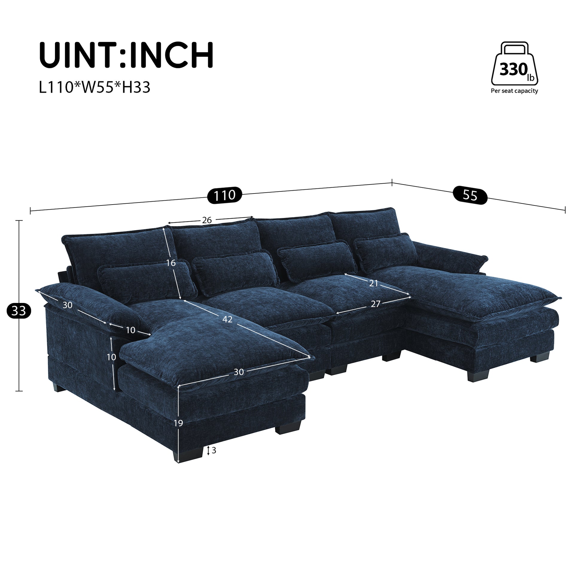 110*55" Modern U Shaped Sectional Sofa With Waist Pillows,6 Seat Upholstered Symmetrical Sofa Furniture,Sleeper Sofa Couch With Chaise Lounge For Living Room,Apartment,5 Color Blue Chenille 6 Seat