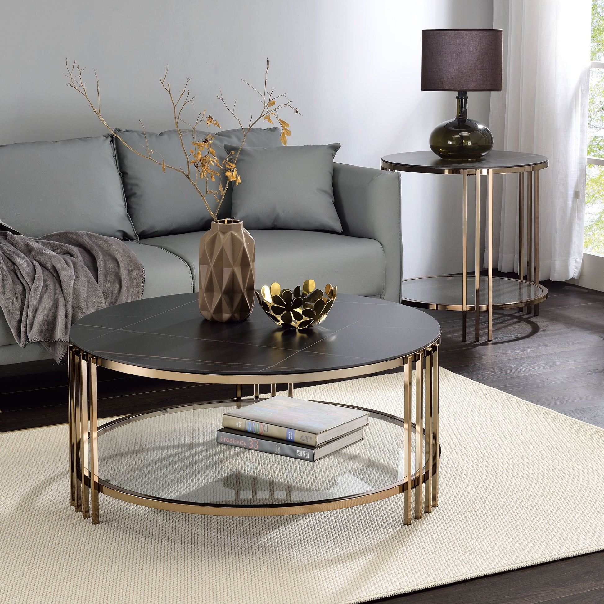 Abisha End Table, Sintered Stone & Champagne Finish Lv02816 Black,Champagne Metal Stone