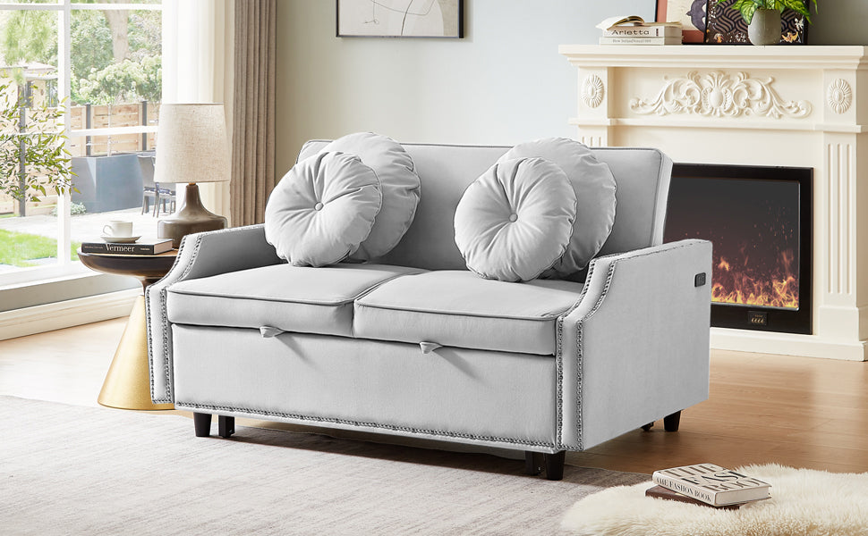 54.7" Multiple Adjustable Positions Sofa Bed Stylish Sofa Bed With A Button Tufted Backrest, Two Usb Ports And Four Floral Lumbar Pillows For Living Room, Bedroom,Or Small Space, Light Grey Light Grey Foam Polyester 2 Seat