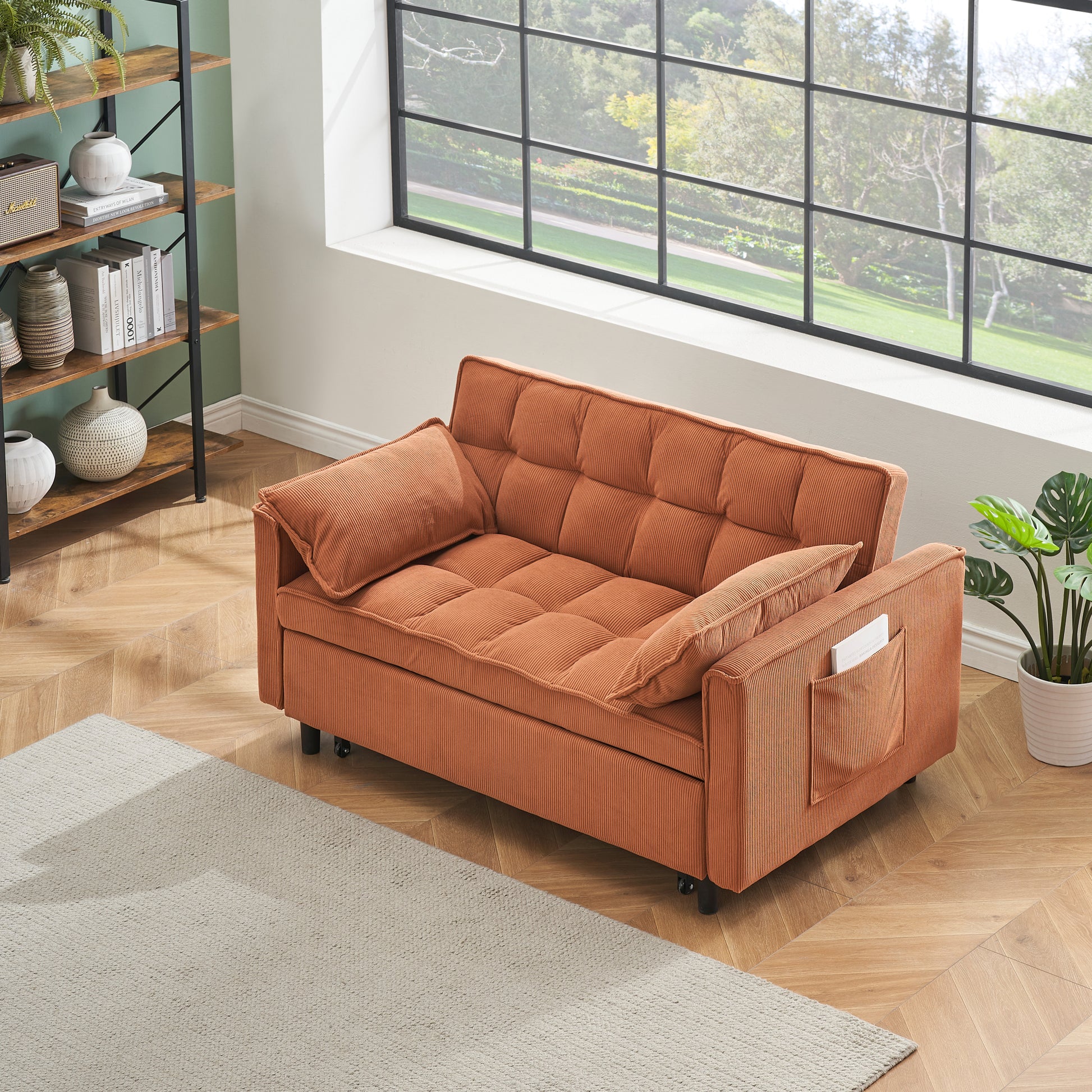 Folding Sofa Bed, Adjustable Back, Access Sofa, Recliner, Single Bed, Orange Orange Corduroy 2 Seat