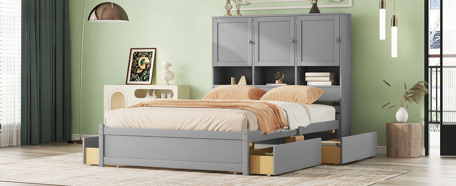 Queen Size Platform Bed With Storage Headboard And 4 Drawers, Gray Box Spring Not Required Queen Gray Wood Bedroom Bed Frame Solid Wood Mdf