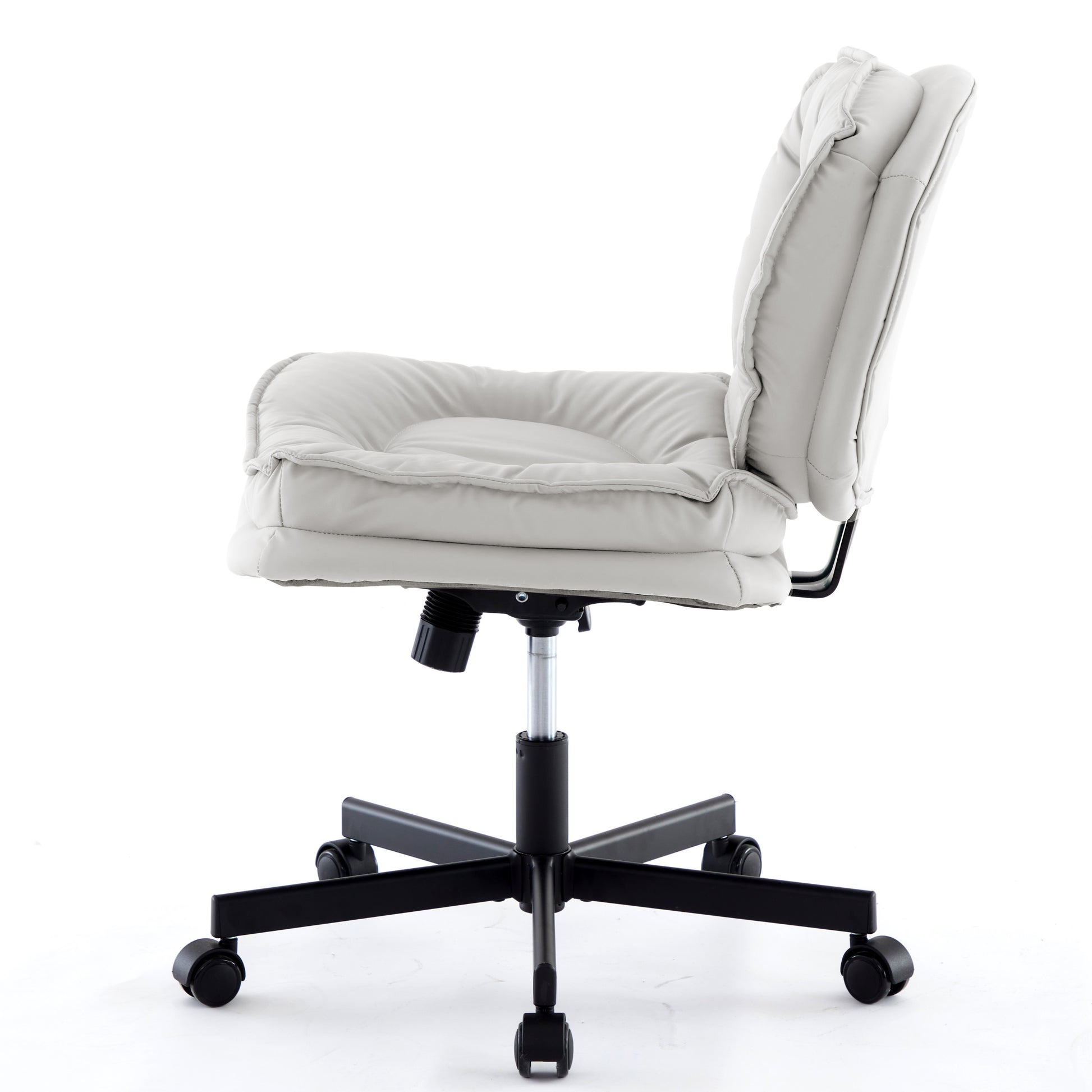 Armless Office Desk Chair With Wheels: Pu Leather Cross Legged Wide Chair,Comfortable Adjustable Swivel Computer Task Chairs For Home,Office,Make Up,Small Space,Bed Room Creamy White Antique Fiber Foam And Polyester Fiber Pad Pvc