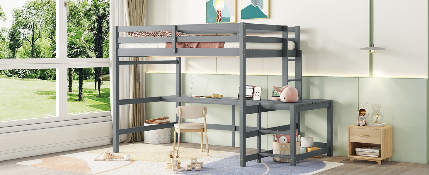 Full Size High Loft Bed With Built In Desk, Ladder Platform, Ladders, Guardrails ,Grey Full Grey Bedroom American Design Pine